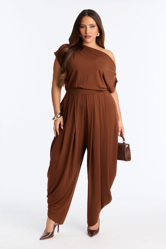 Belina Balloon Leg Off Shoulder Jumpsuit - Brown