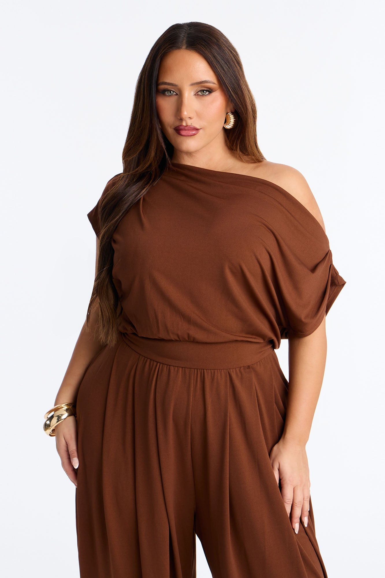 Belina Balloon Leg Off Shoulder Jumpsuit - Brown