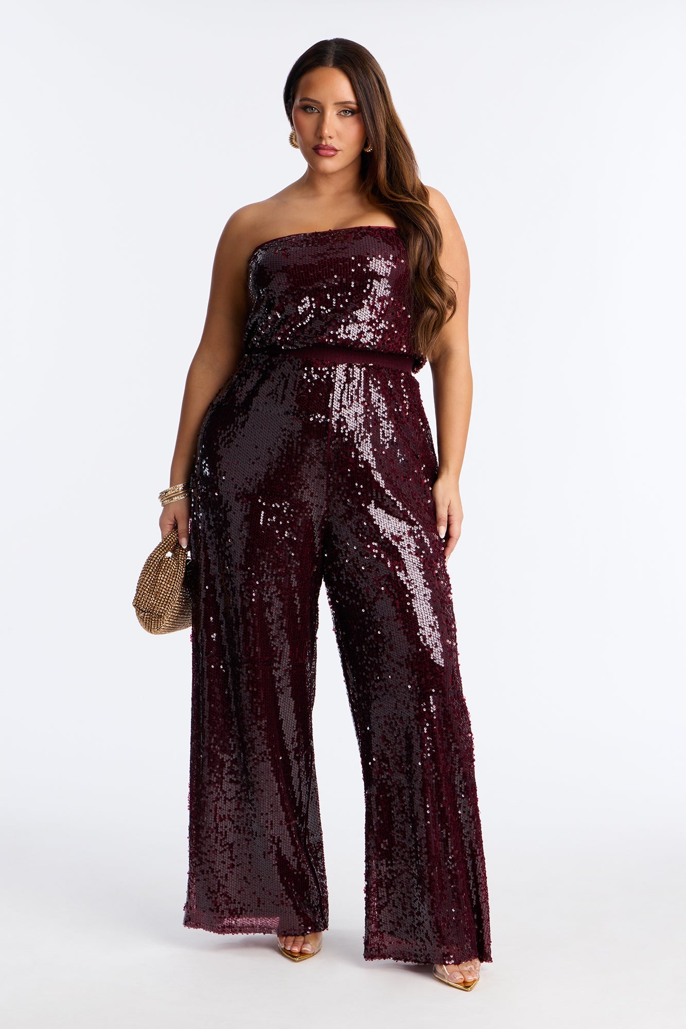 Shiny Nights Sequin Strapless Jumpsuit - Burgundy