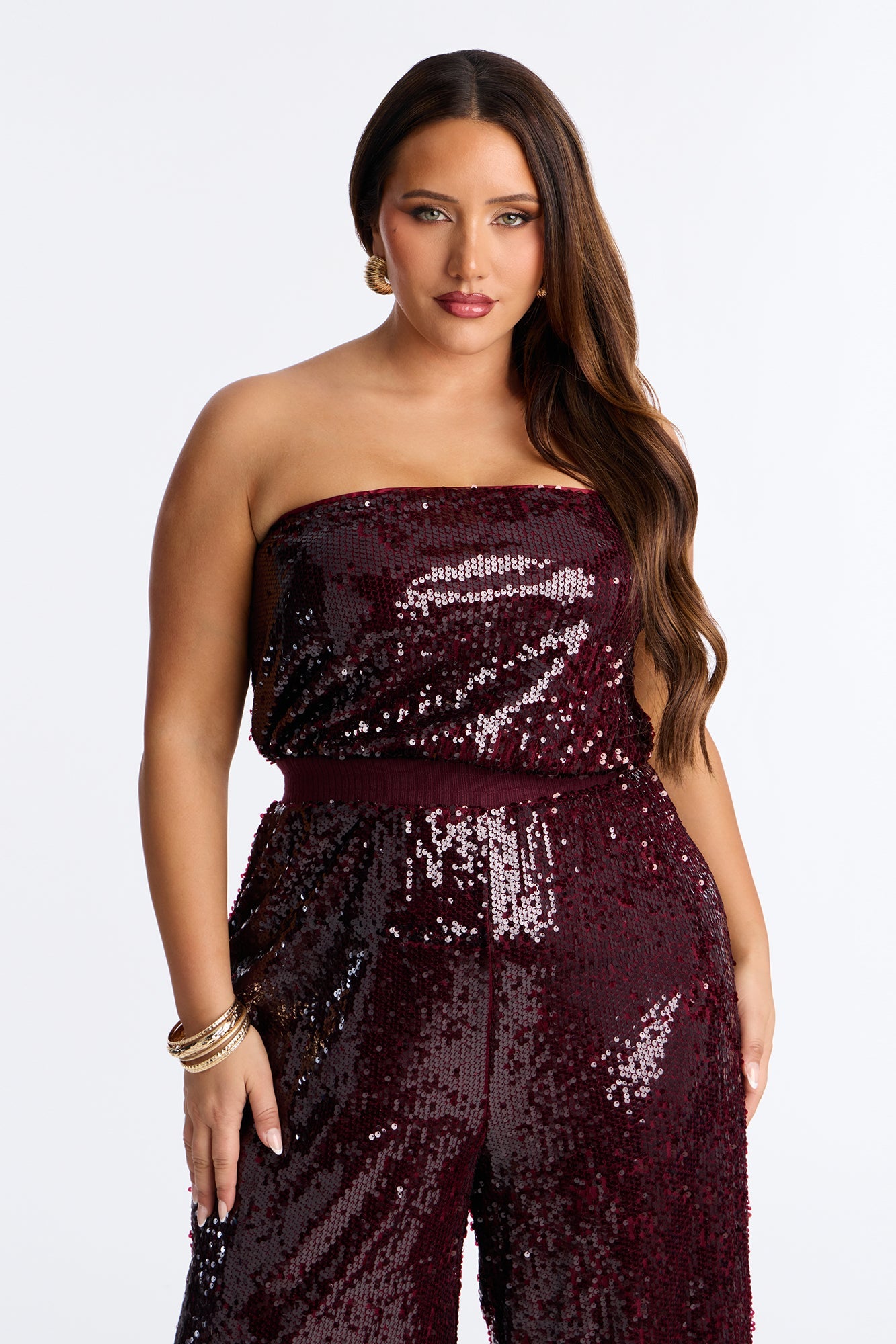 Shiny Nights Sequin Strapless Jumpsuit - Burgundy
