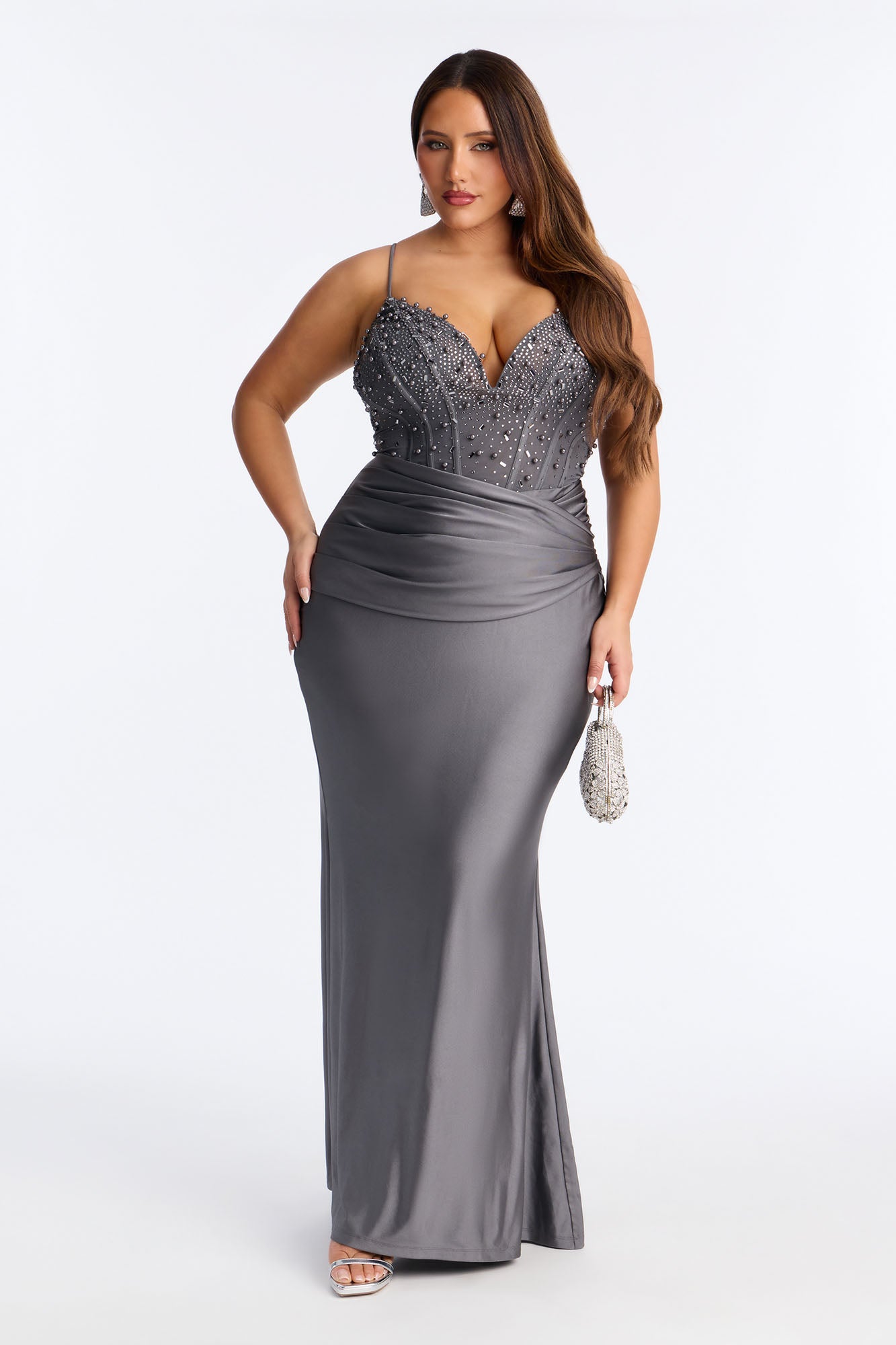 Players Charm Embellished Maxi Gown - Grey