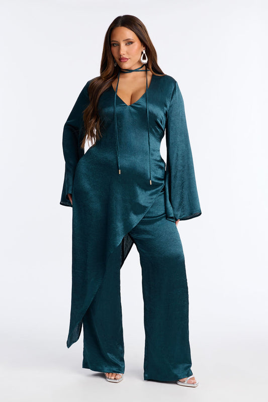 Clara Asymmetrical Satin Pant Set - Teal