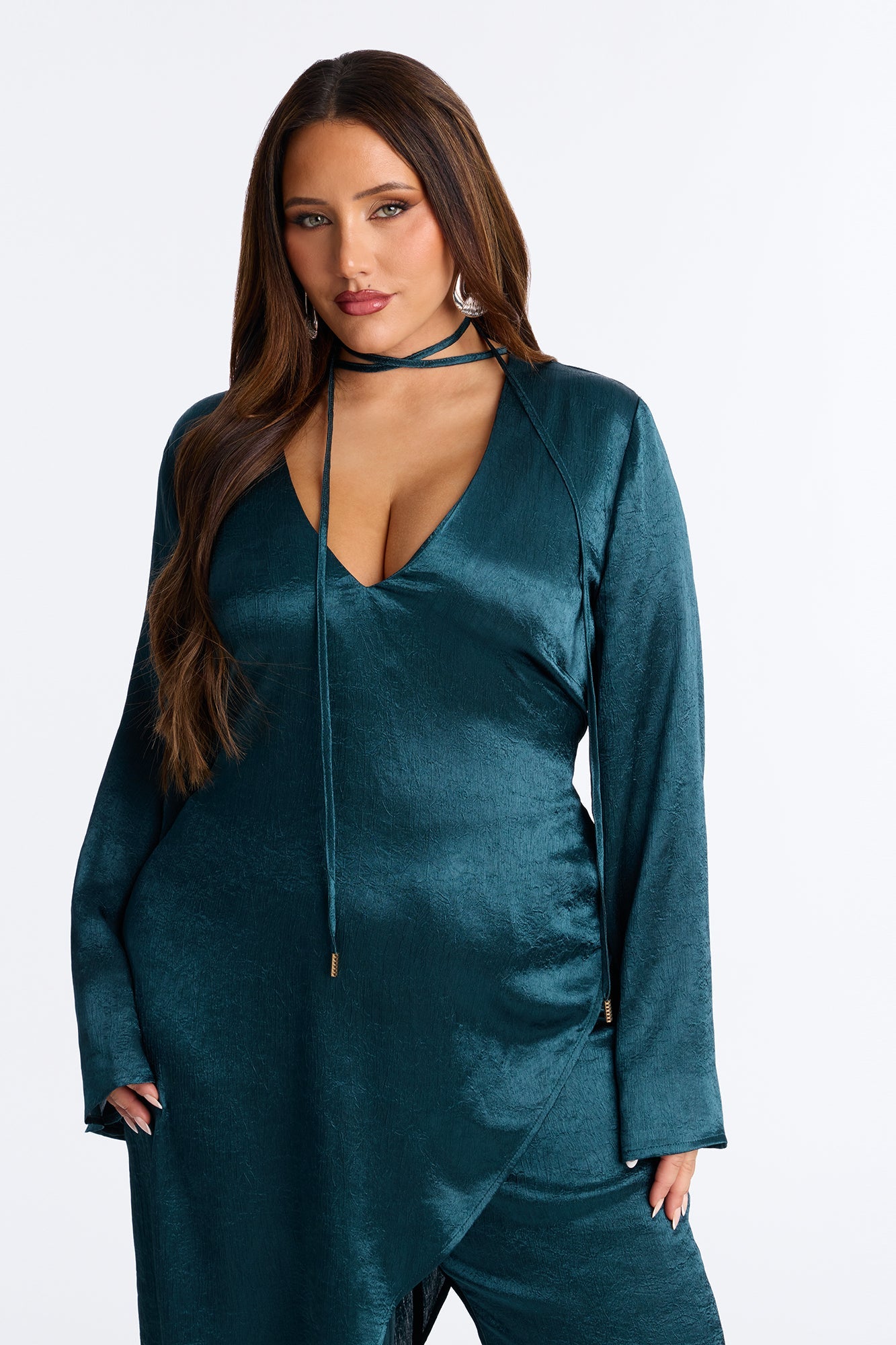 Clara Asymmetrical Satin Pant Set - Teal