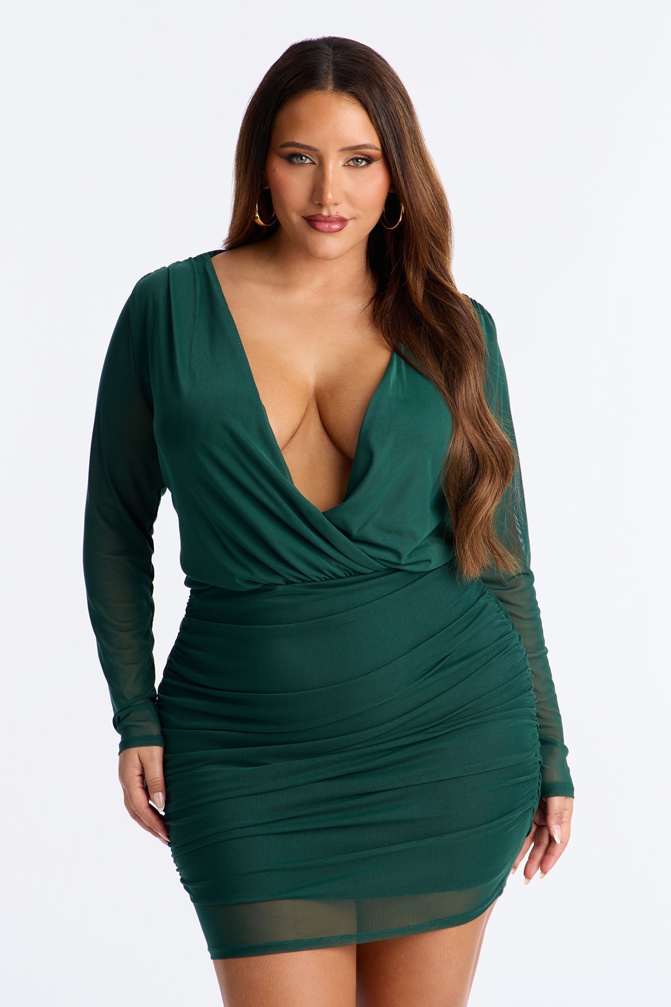 Romy Ruched Mesh Mini Dress - Hunter Green