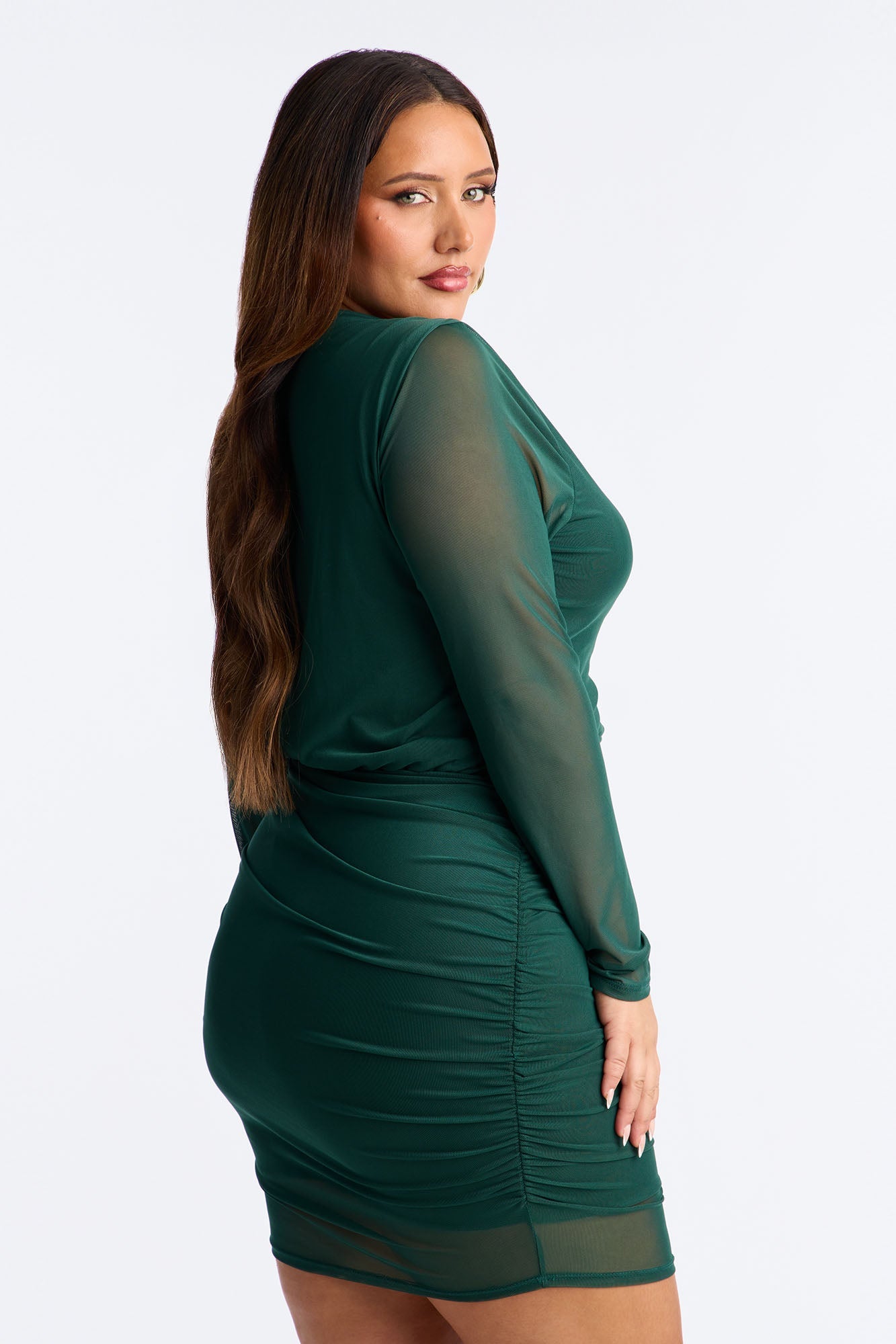 Romy Ruched Mesh Mini Dress - Hunter Green