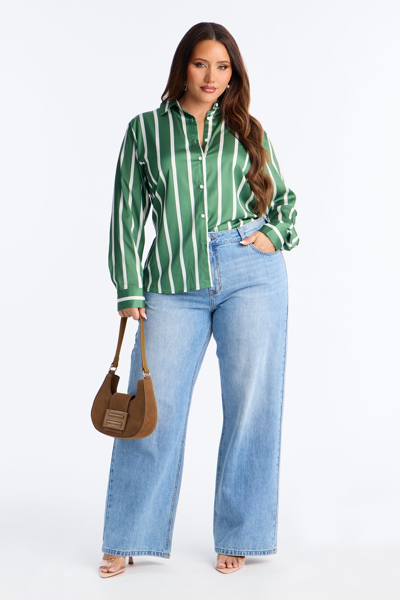 Stay In Your Lane Striped Satin Shirt - Green/combo