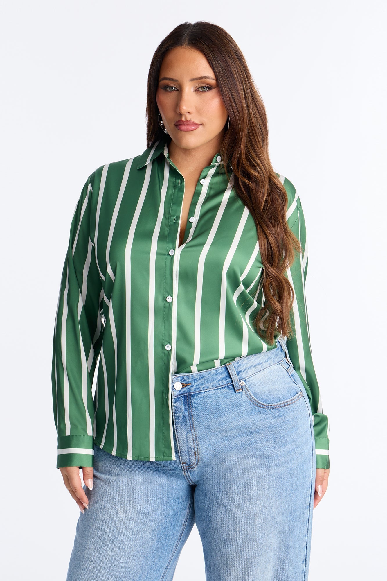 Stay In Your Lane Striped Satin Shirt - Green/combo