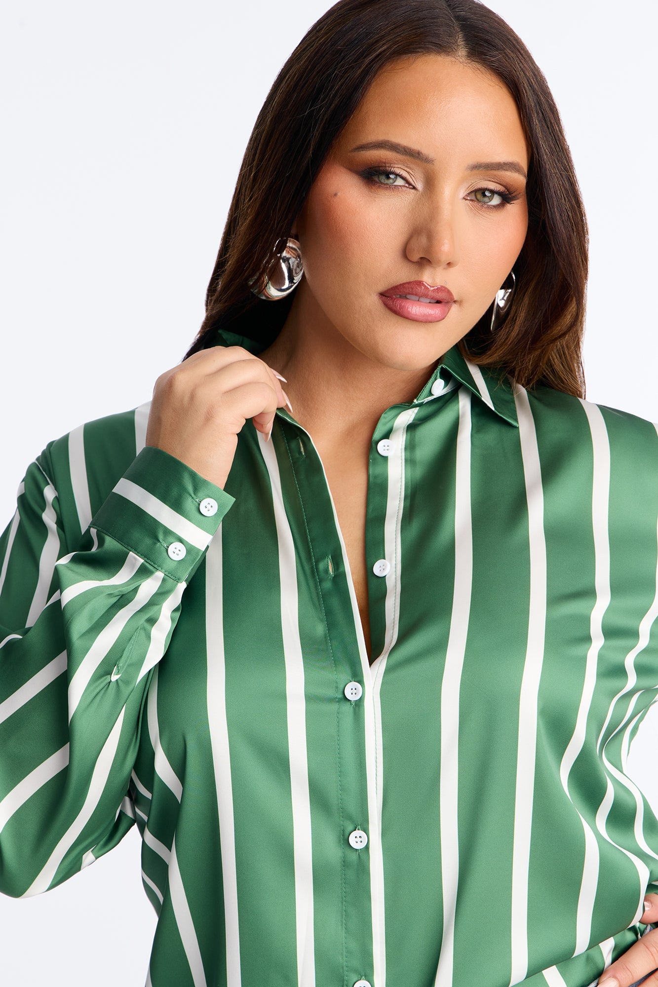 Stay In Your Lane Striped Satin Shirt - Green/combo
