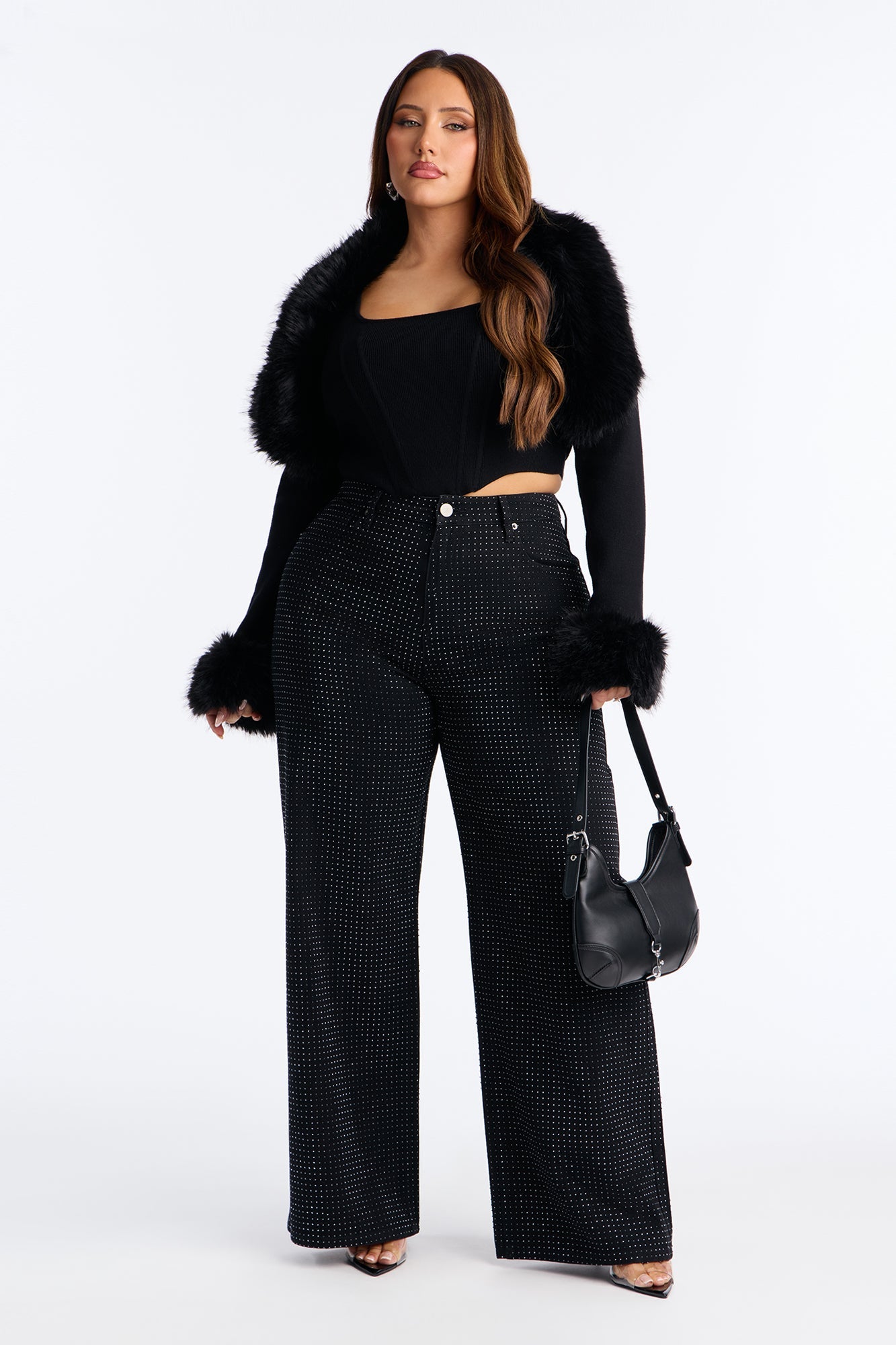 Fashion And Fame Rhinestone Wide Leg Jeans - Black
