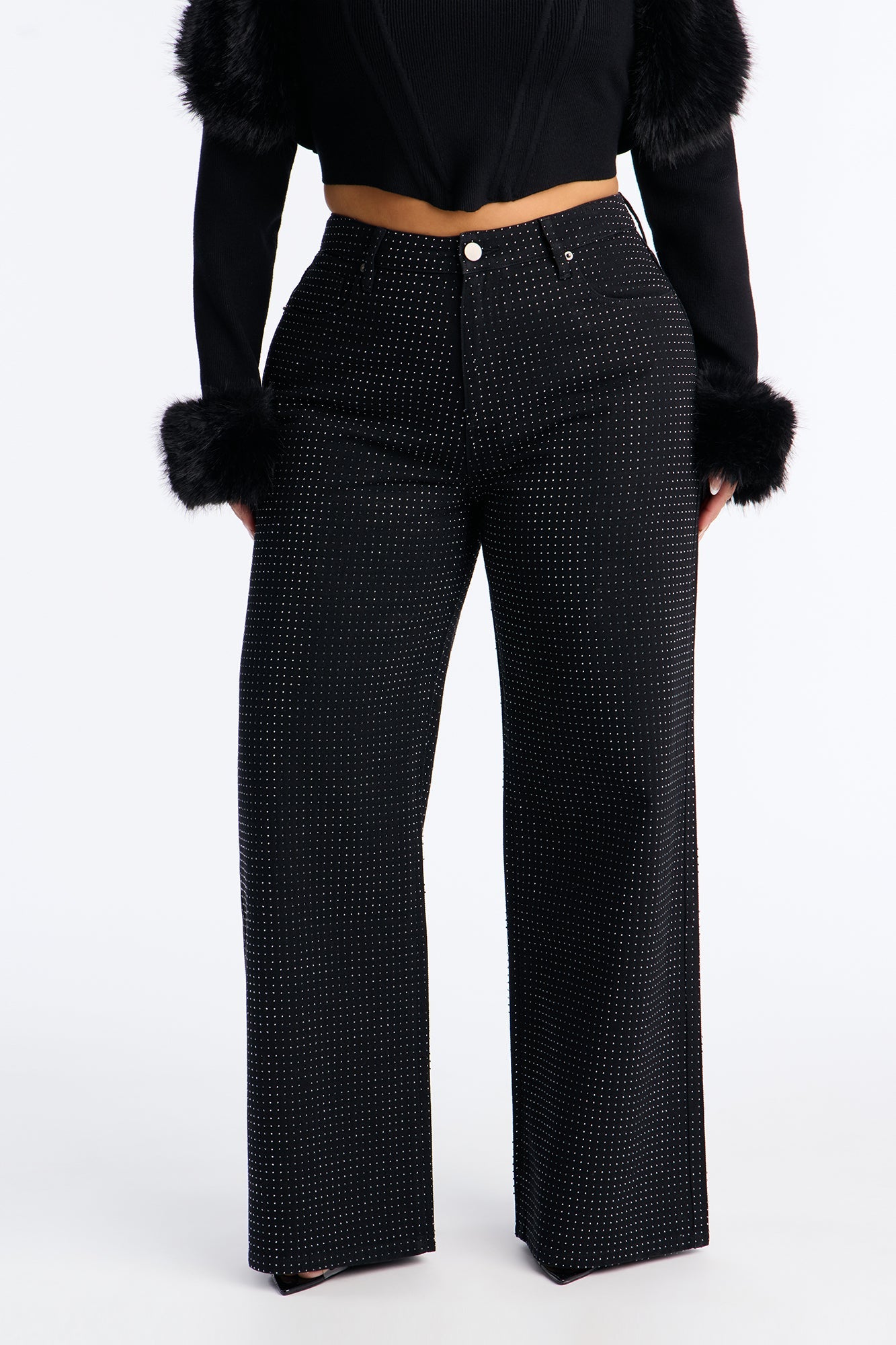 Fashion And Fame Rhinestone Wide Leg Jeans - Black