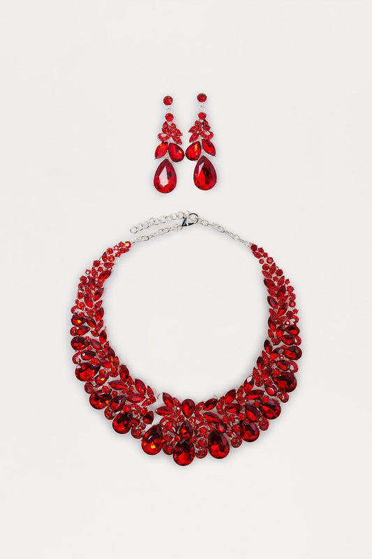 The Social Sparkle Rhinestone Necklace And Earring Set - Red