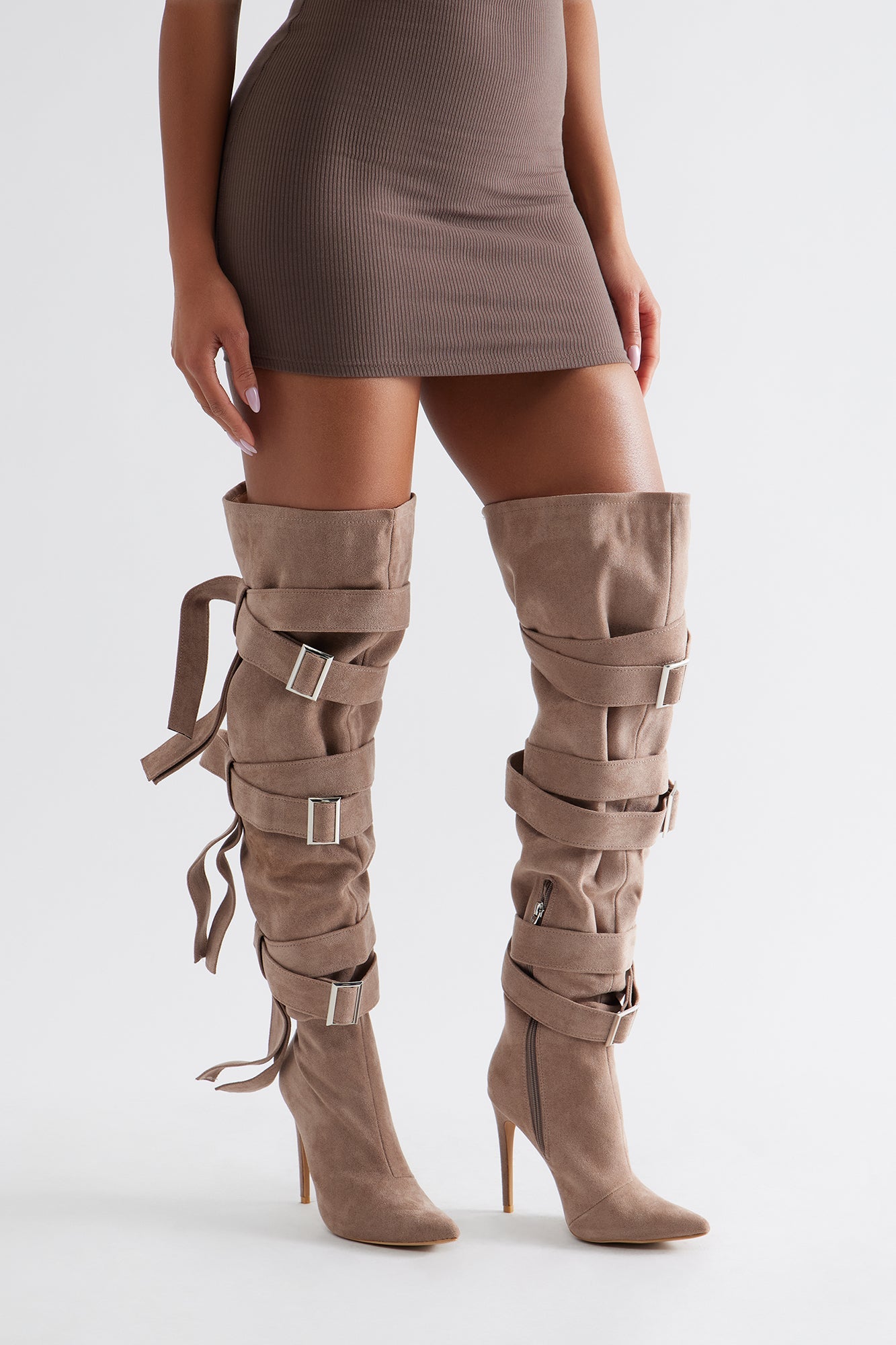 Bruin Buckle Thigh High Boots - Beige