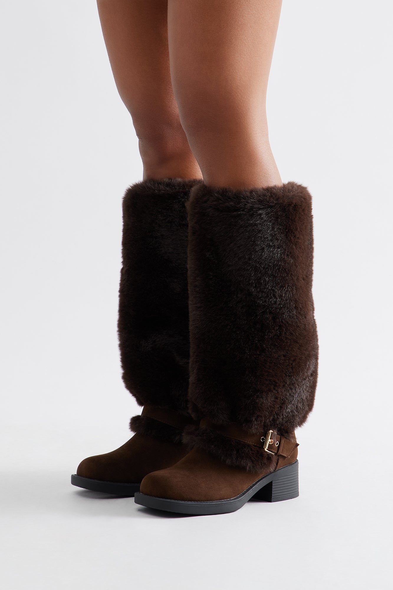 Indira Buckle Faux Fur Boots - Chocolate