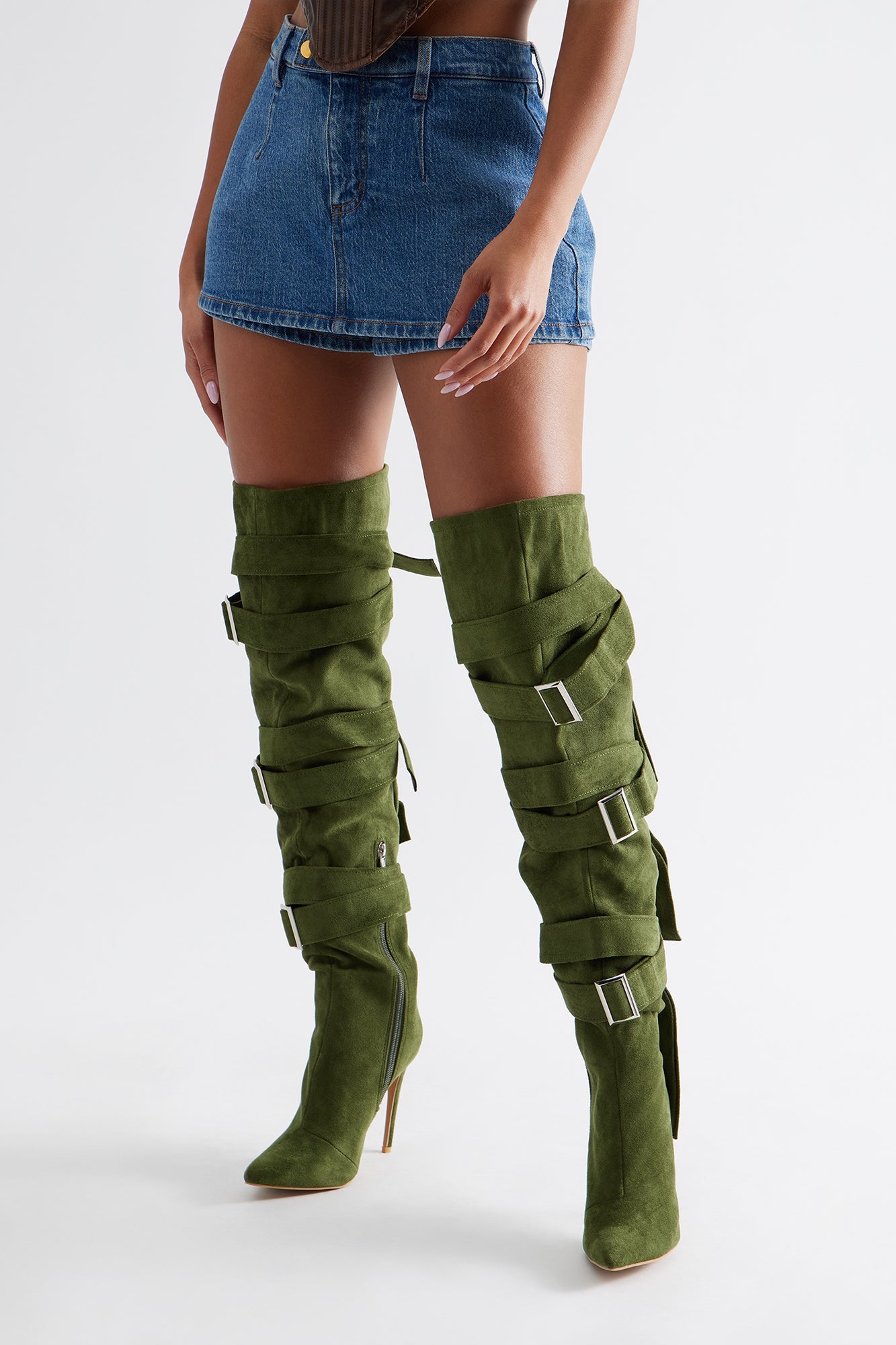 Bruin Buckle Thigh High Boots - Olive