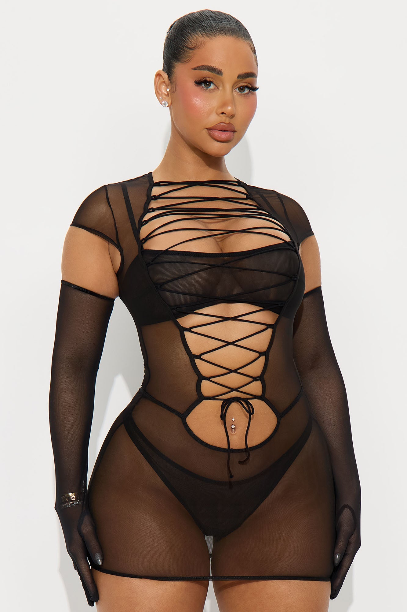 Strings Attached Mesh Lace Up Chemise With Gloves - Black