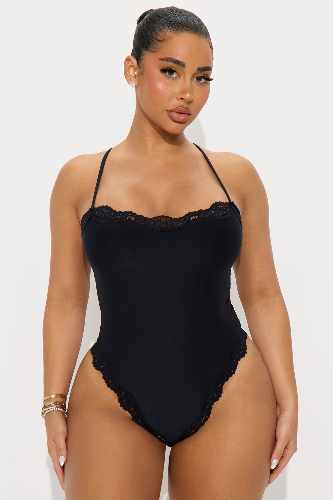 Buttery Soft Lace Trim Thong Cami Bodysuit - Black