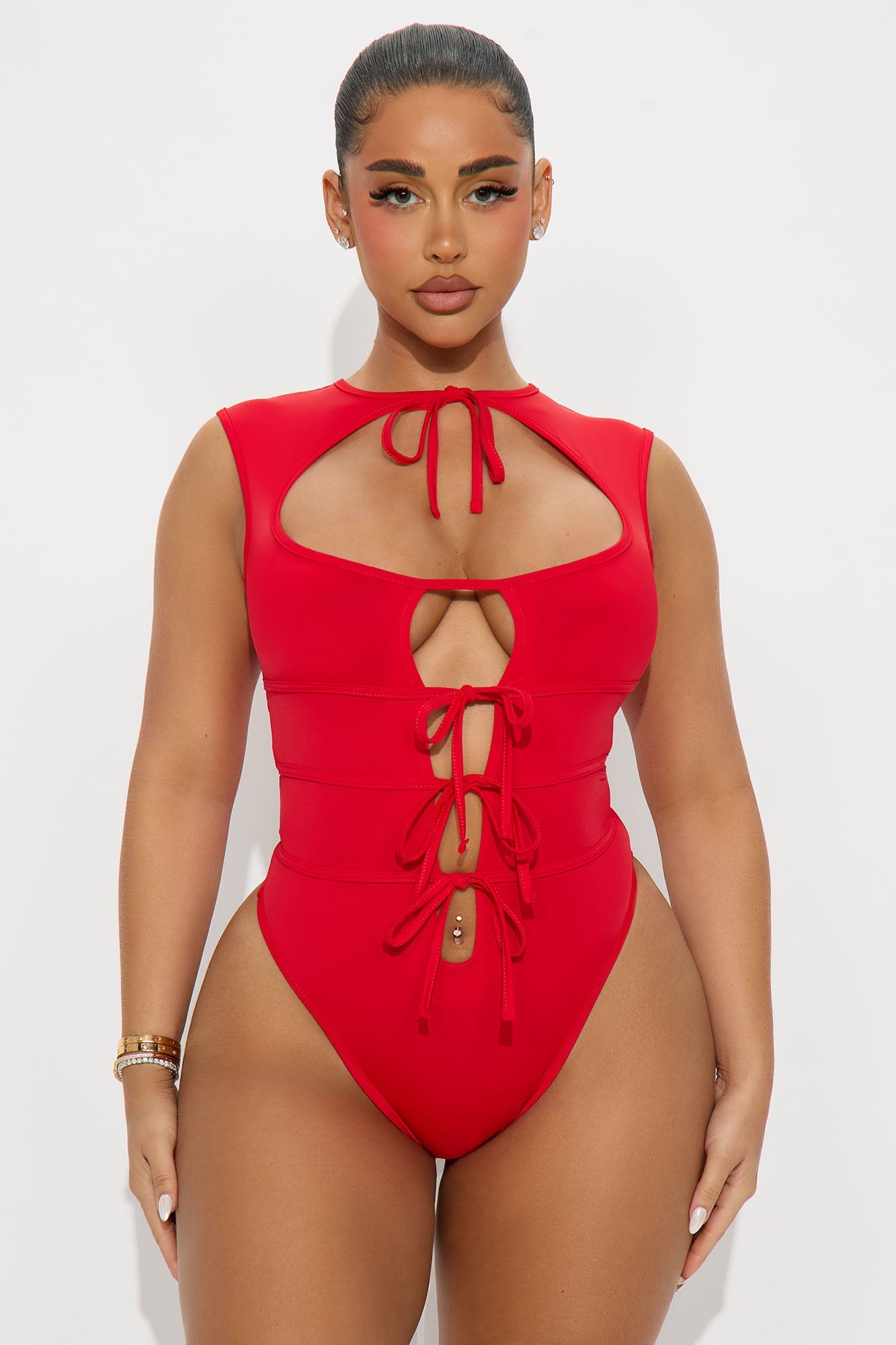 Mona Front Tie Sheer Bodysuit Teddy - Red