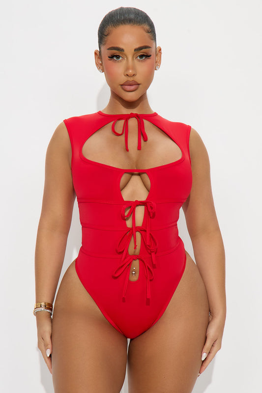 Mona Front Tie Sheer Bodysuit Teddy - Red
