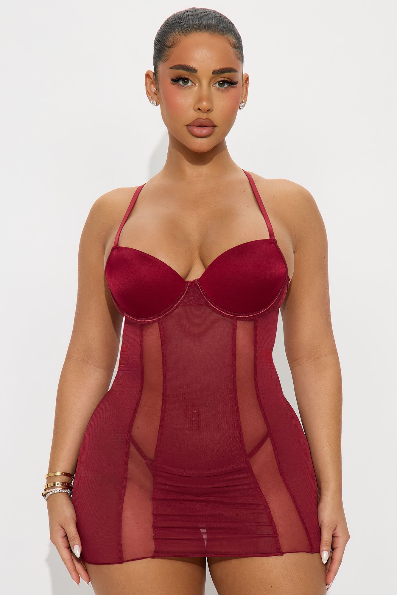 Keep It Tight Mesh Stripe Underwire Chemise - Wine
