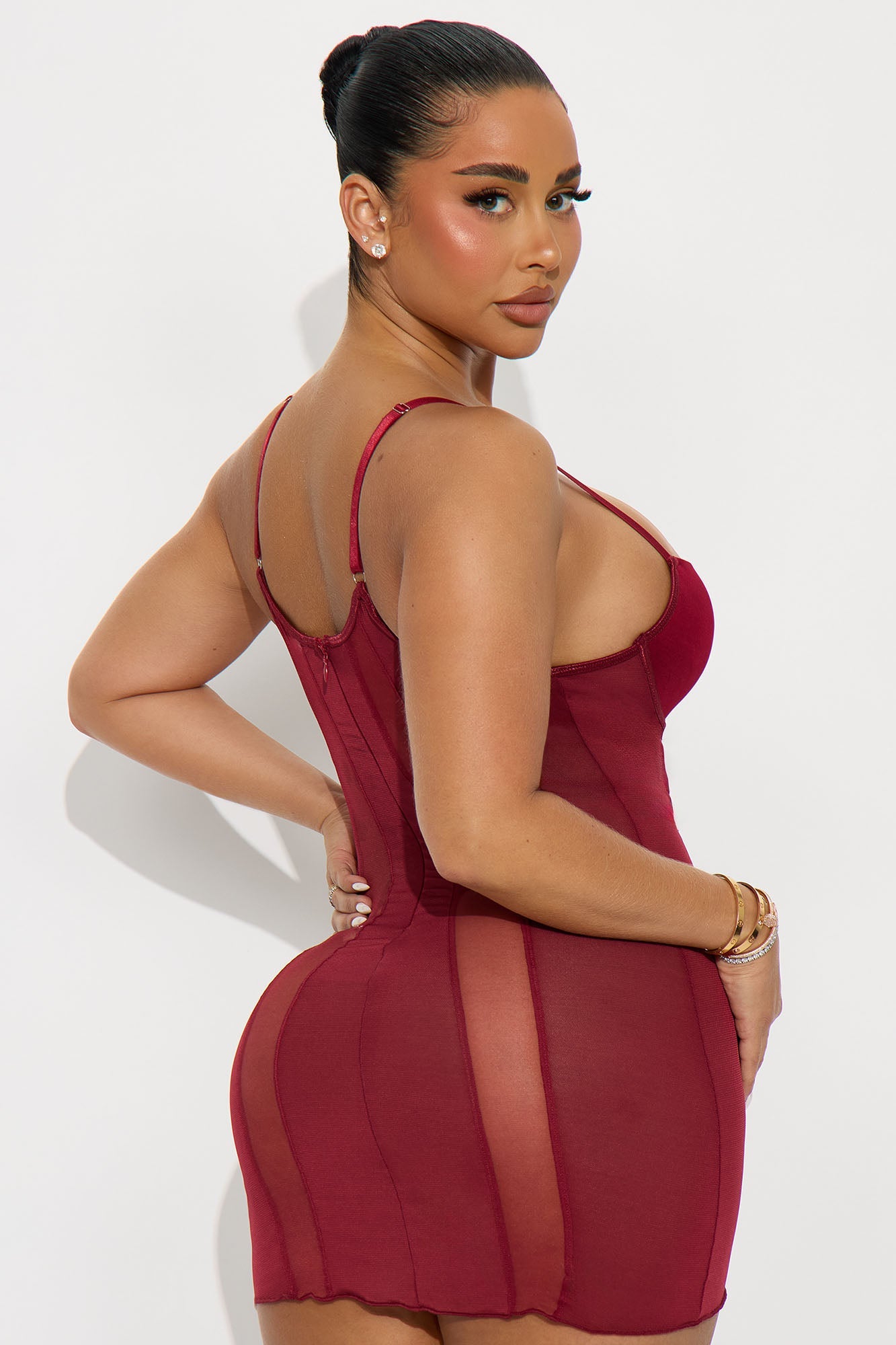 Keep It Tight Mesh Stripe Underwire Chemise - Wine