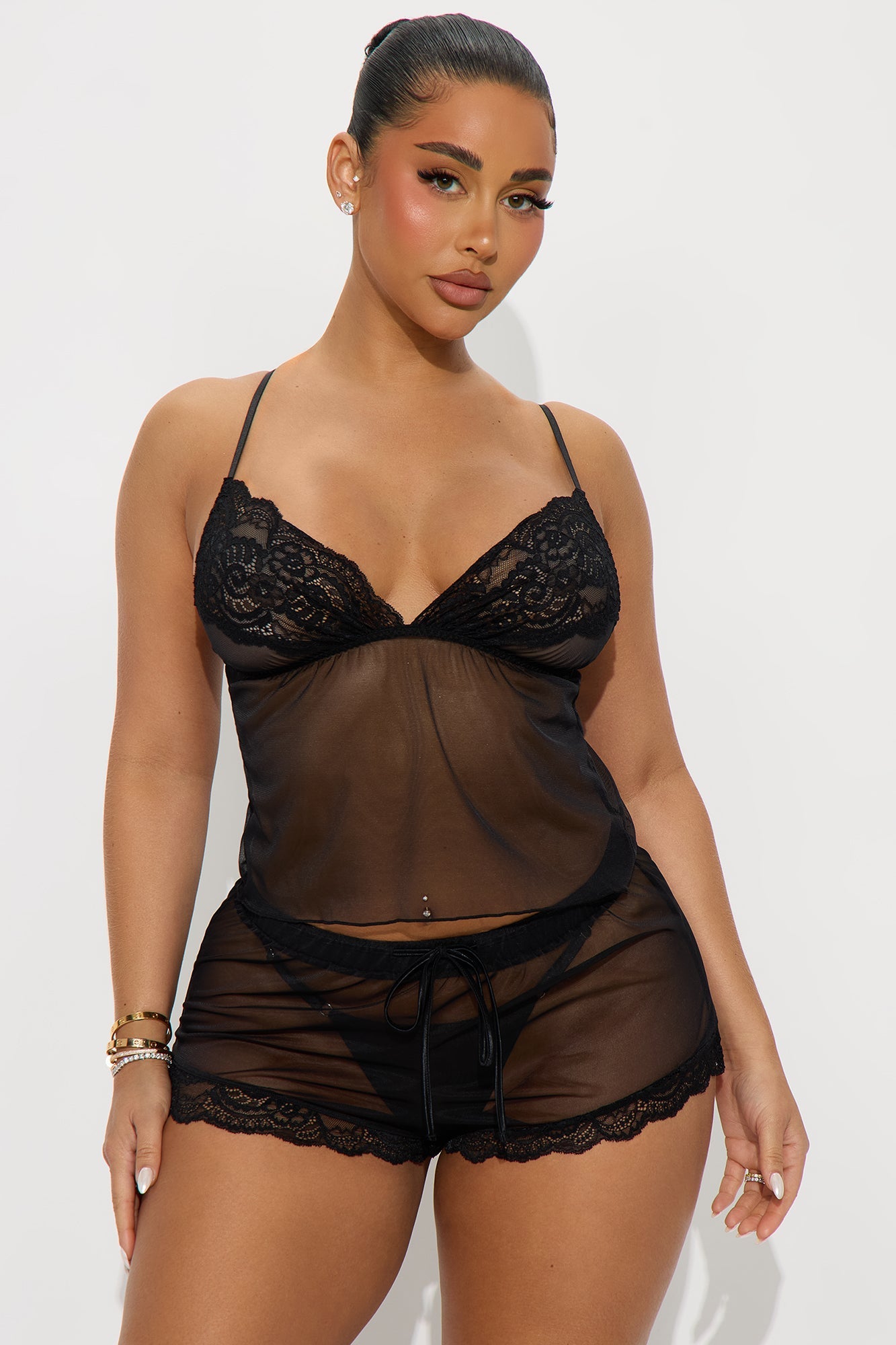 Delilah 2 Piece Mesh Lace Lingerie Set - Black