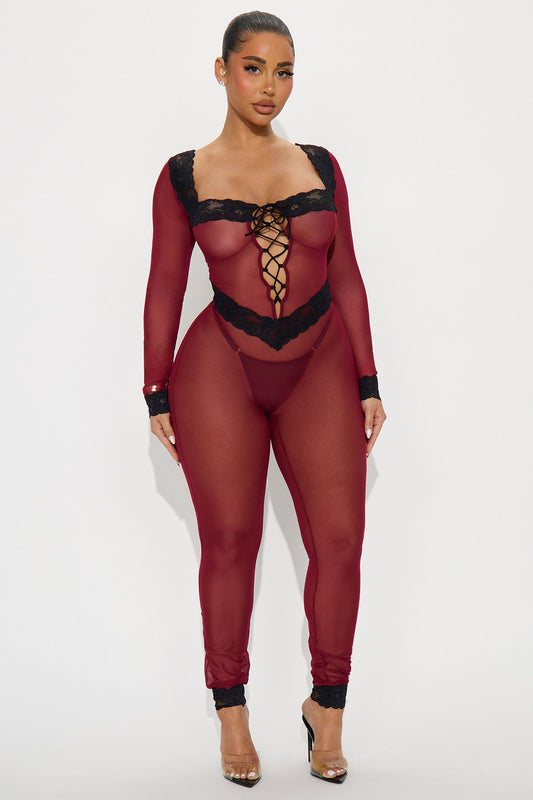 See Through You Mesh Jumpsuit Bodystocking - Burgundy/combo