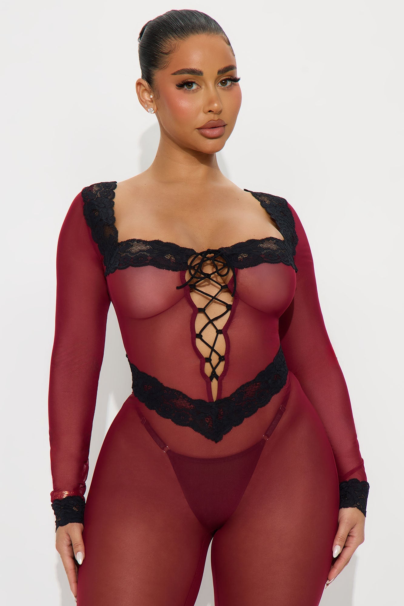 See Through You Mesh Jumpsuit Bodystocking - Burgundy/combo