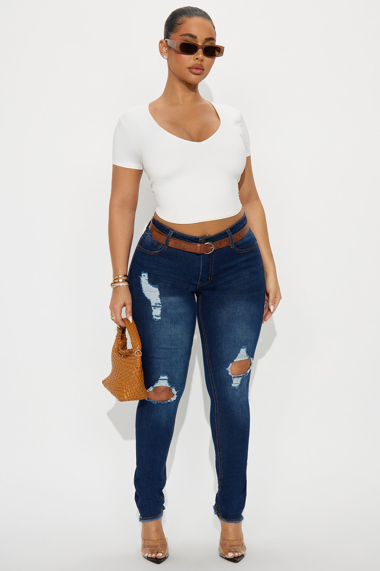 Wilshire Fray Hem Ripped Skinny Jeans - Dark Wash