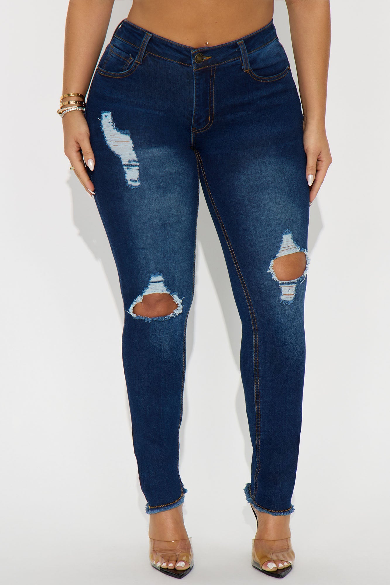 Wilshire Fray Hem Ripped Skinny Jeans - Dark Wash