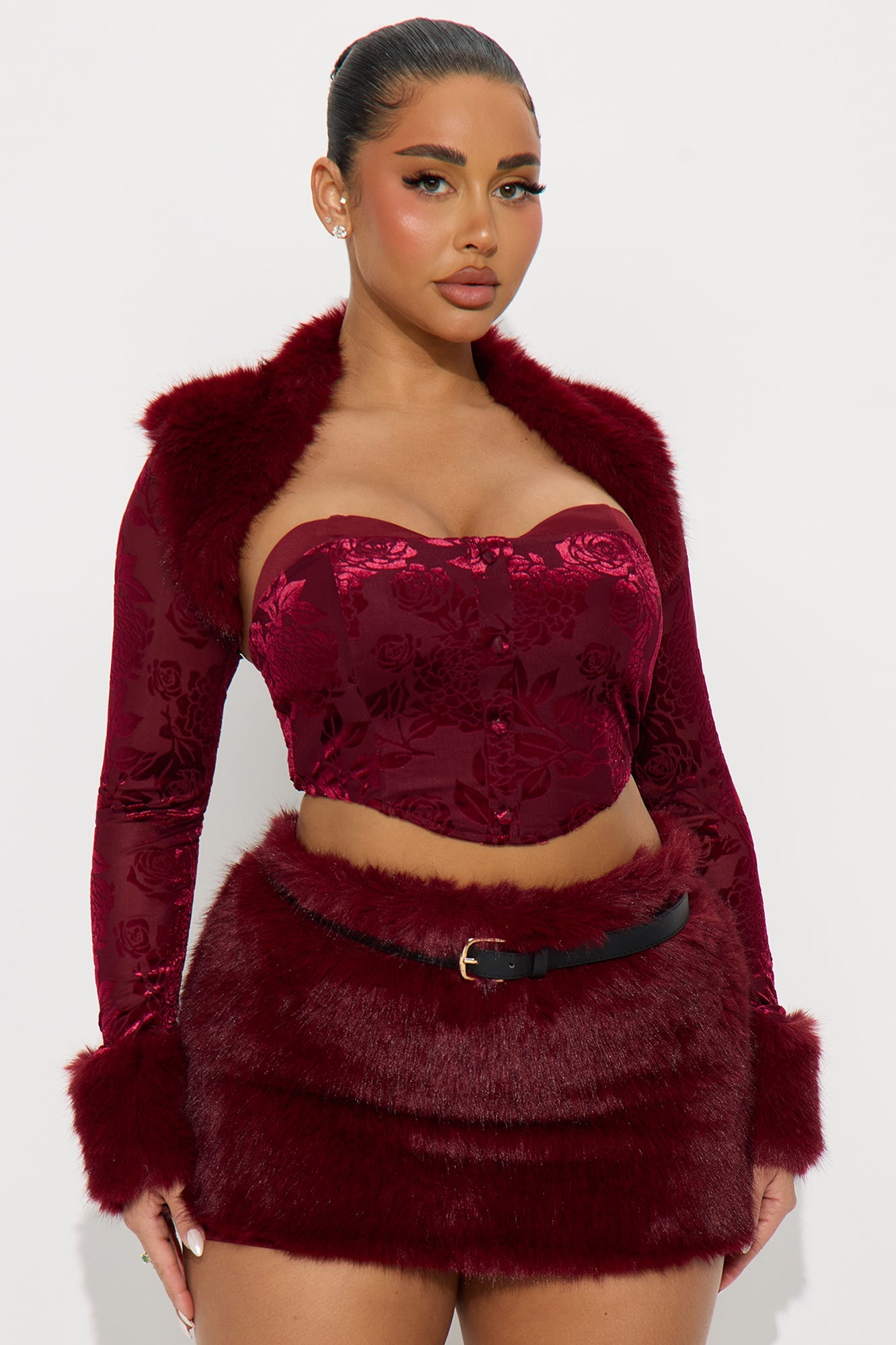 Red Flag Energy Velvet Faux Fur 3 Piece Set - Burgundy