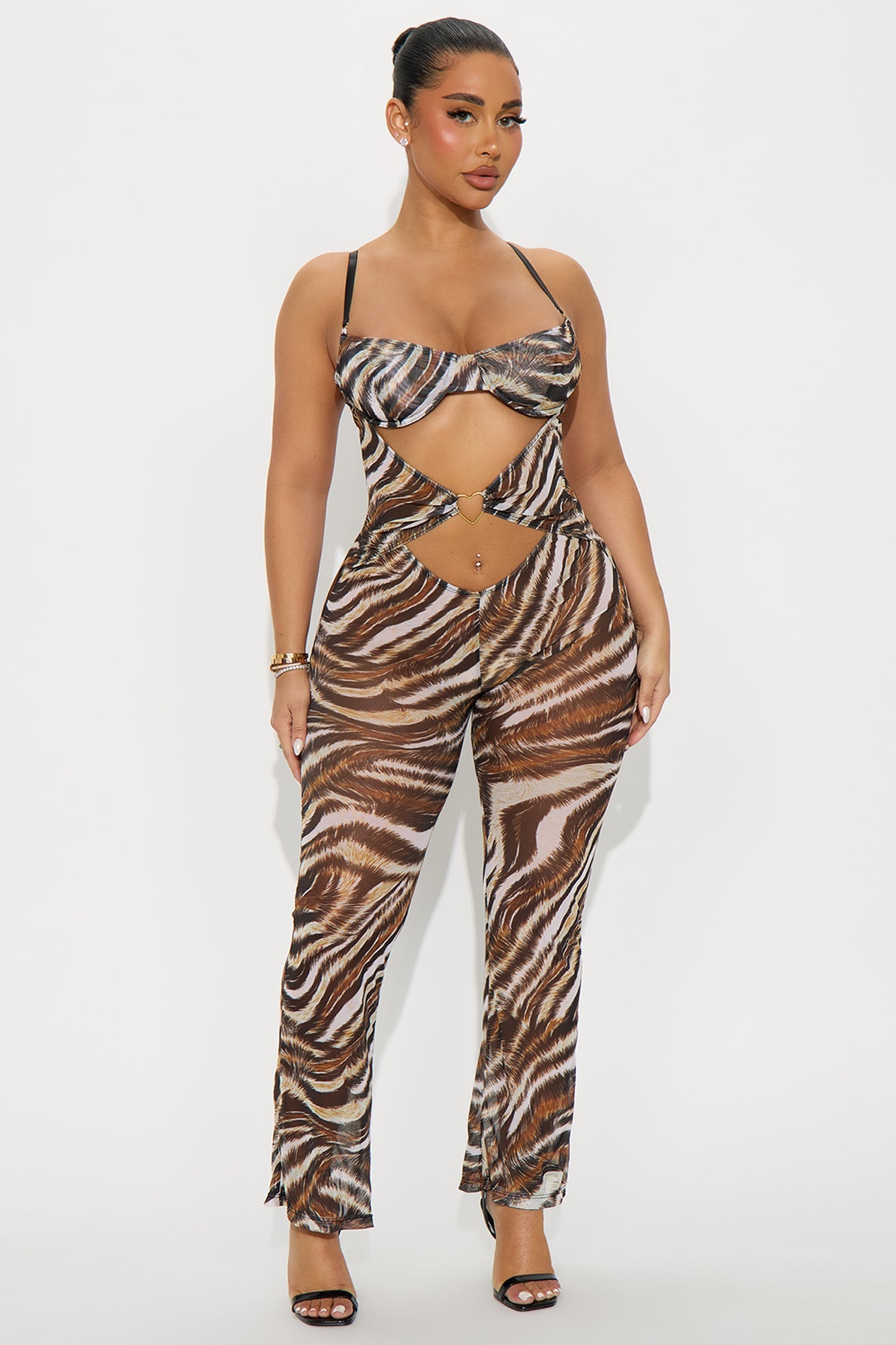 Take Me Sheer Underwire Heart Hardware Flare Jumpsuit - Brown/combo