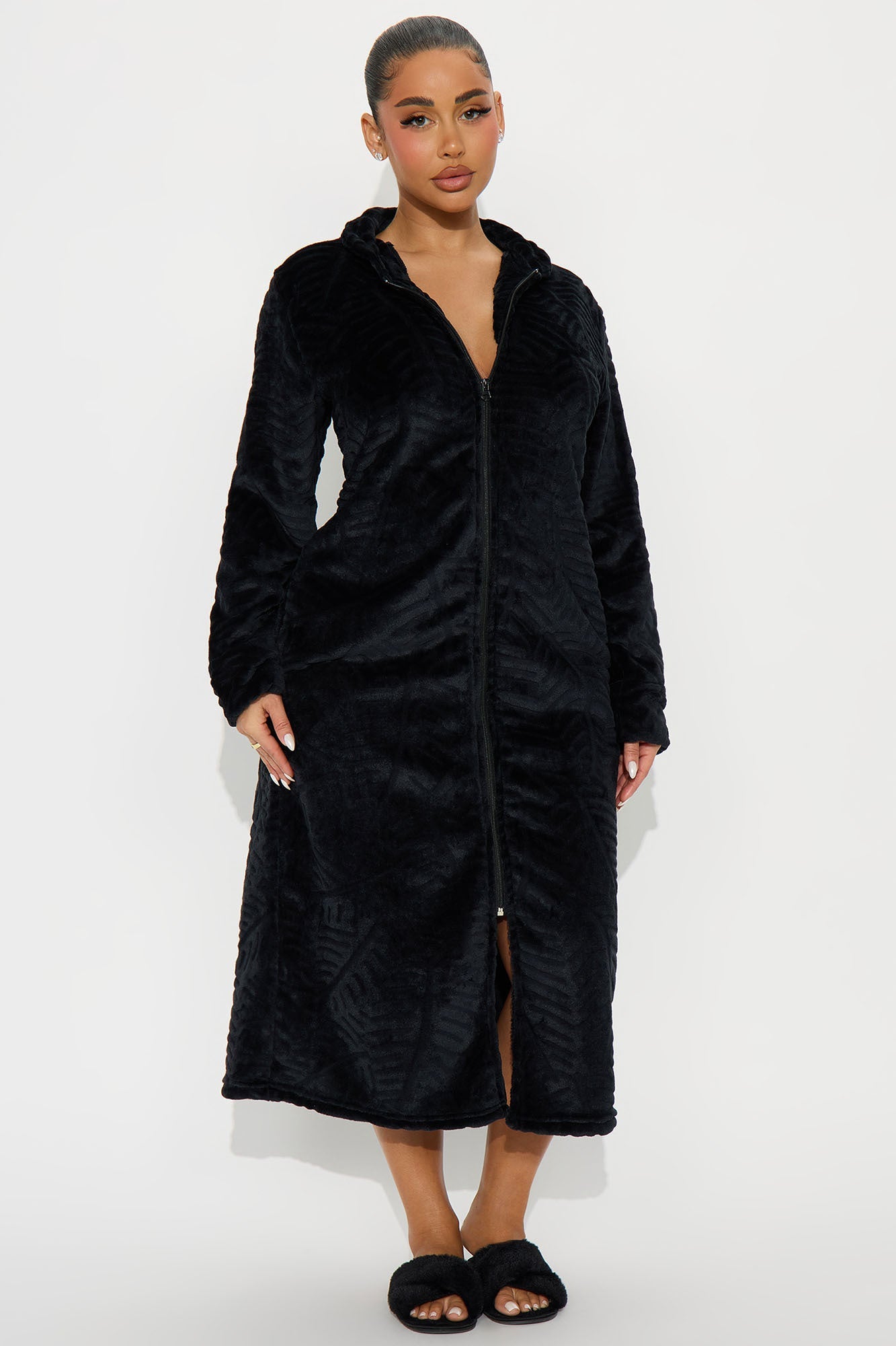 Sleepy Mood Fleece Zip Front Robe - Black