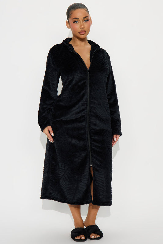 Sleepy Mood Fleece Zip Front Robe - Black