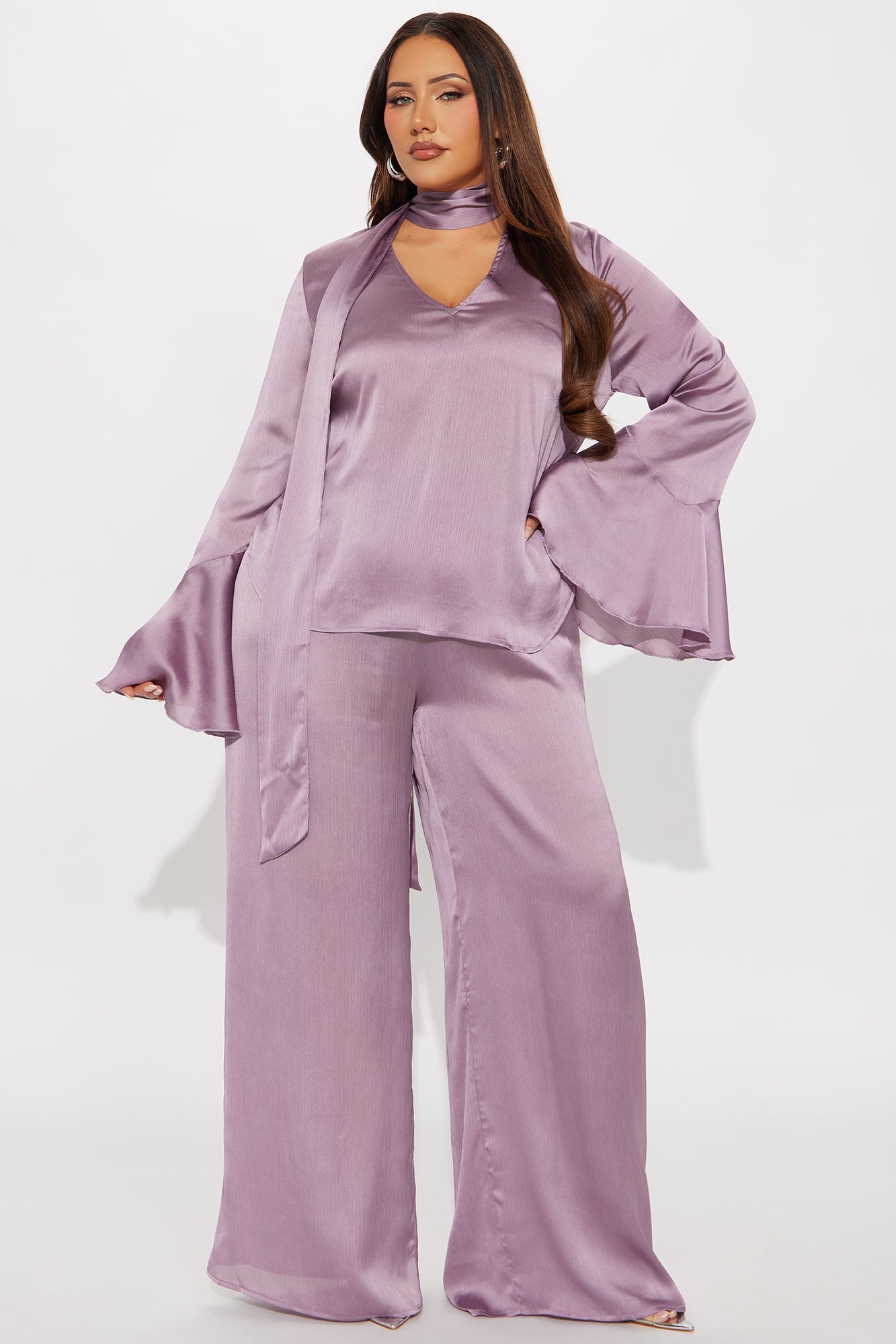 Lianna Long Sleeve Scarf Wide Leg Pant Set - Lavender