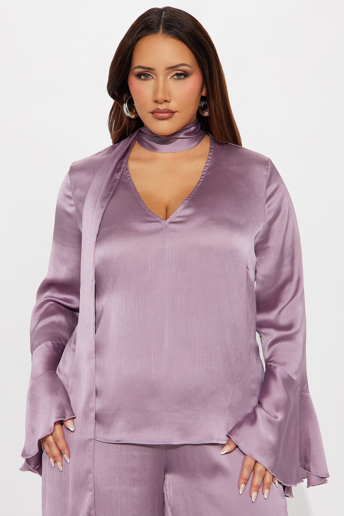 Lianna Long Sleeve Scarf Wide Leg Pant Set - Lavender