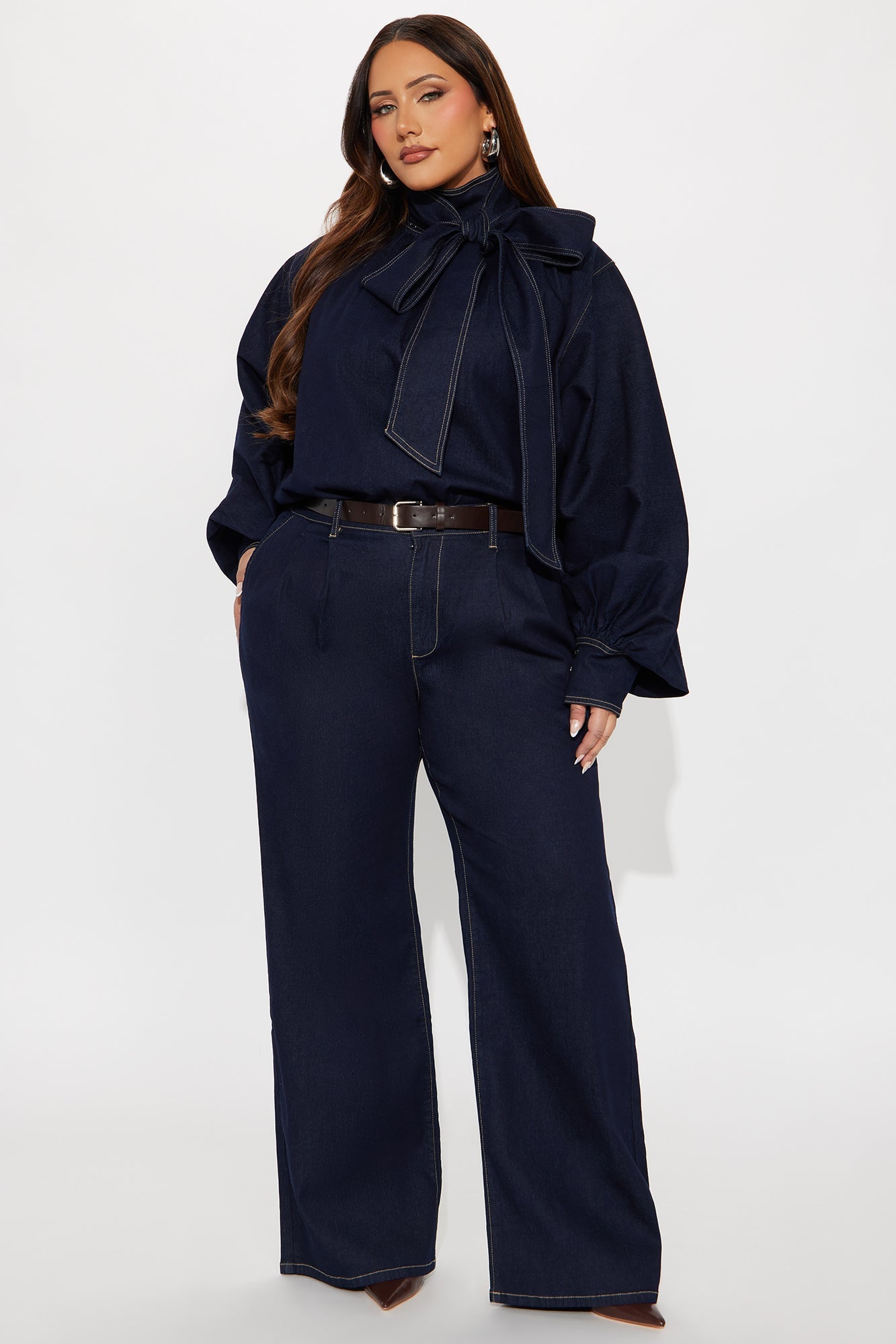 Fiona Tie Neck Denim Belted Pant Set - Dark Denim