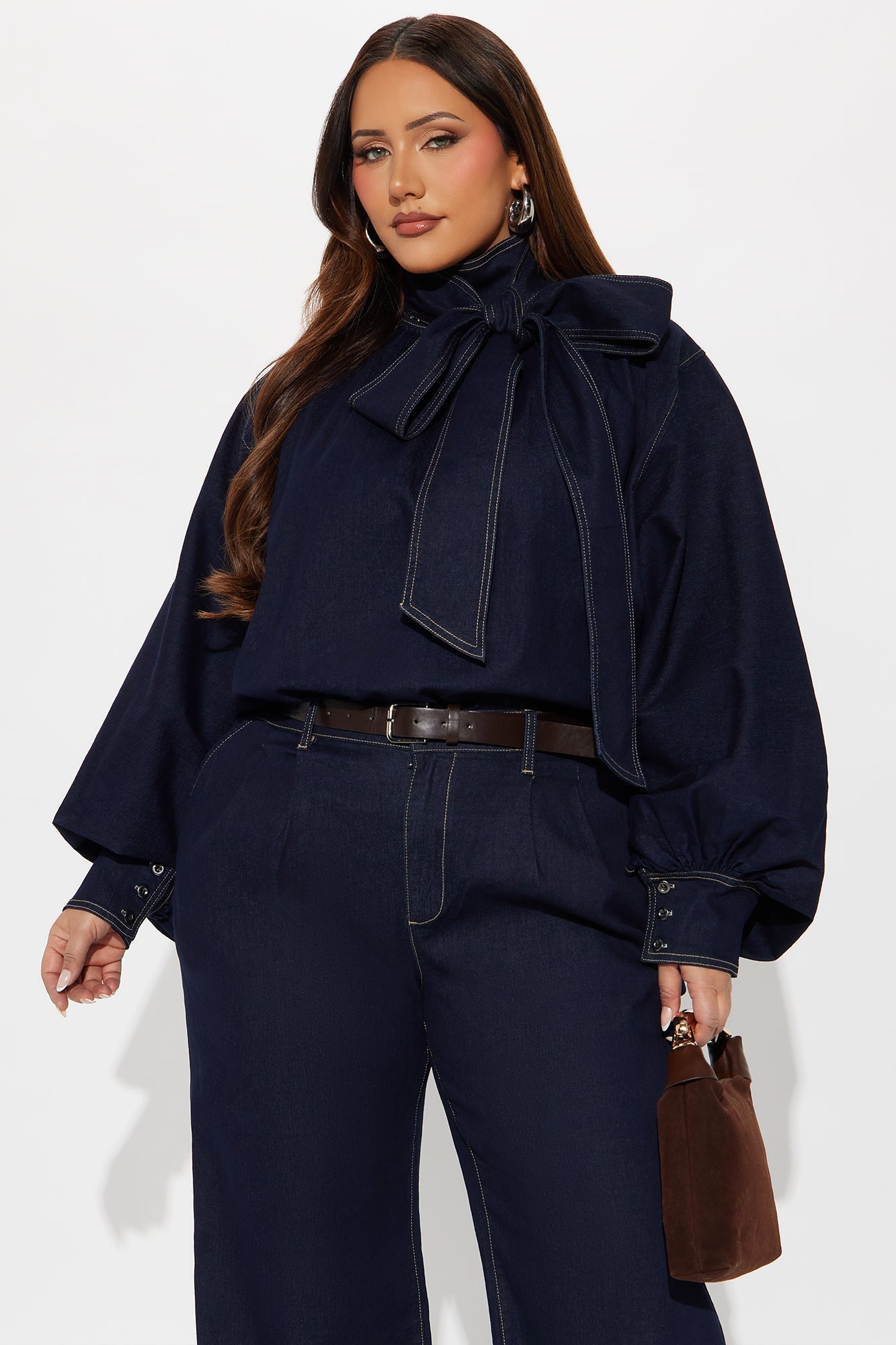 Fiona Tie Neck Denim Belted Pant Set - Dark Denim