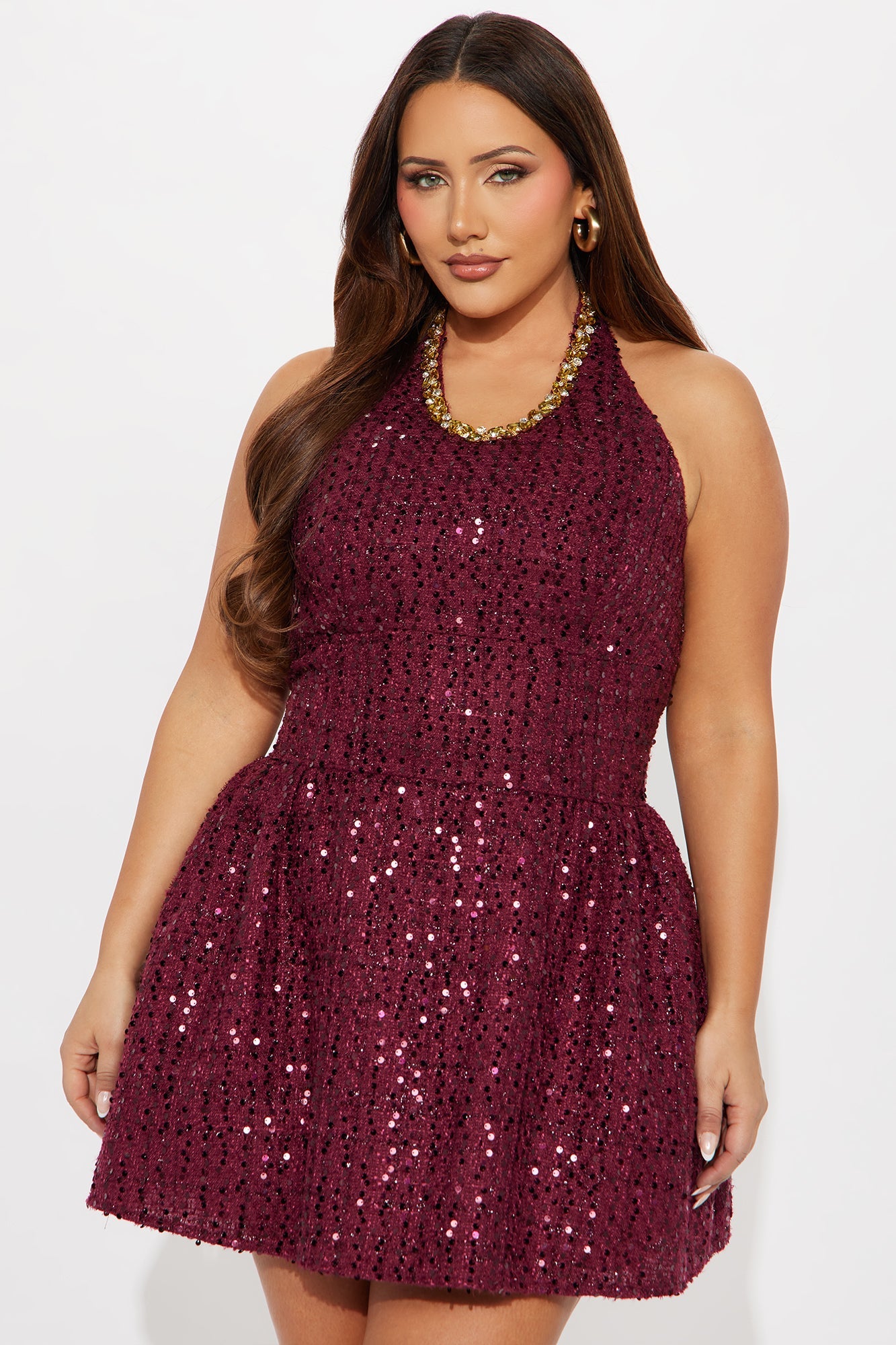 Mackenzie Rhinestone Trim Tweed Mini Dress - Wine