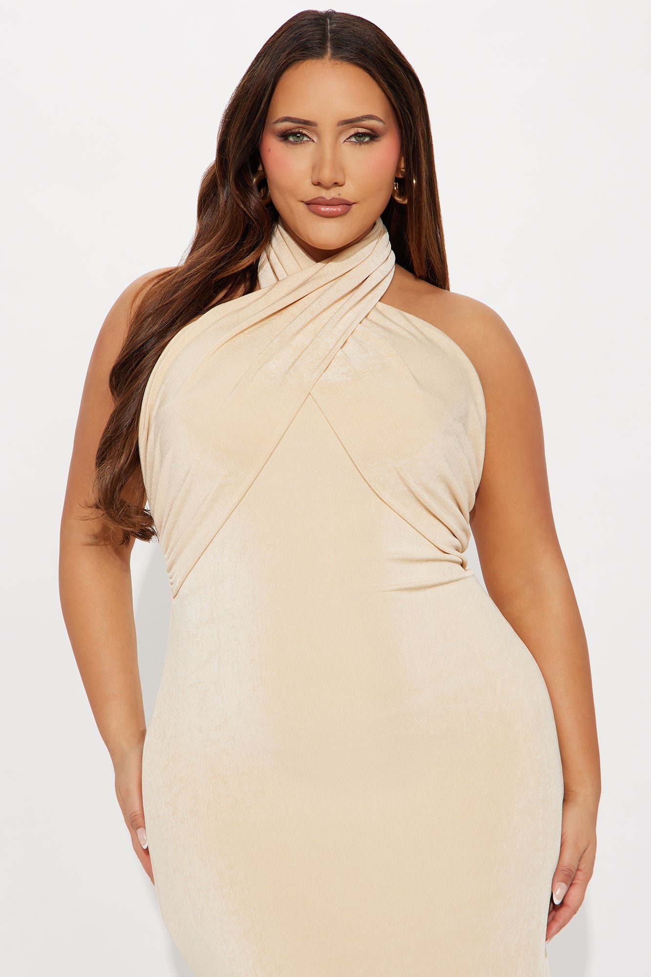 Carly Criss Cross Slinky Midi Dress - Oatmeal