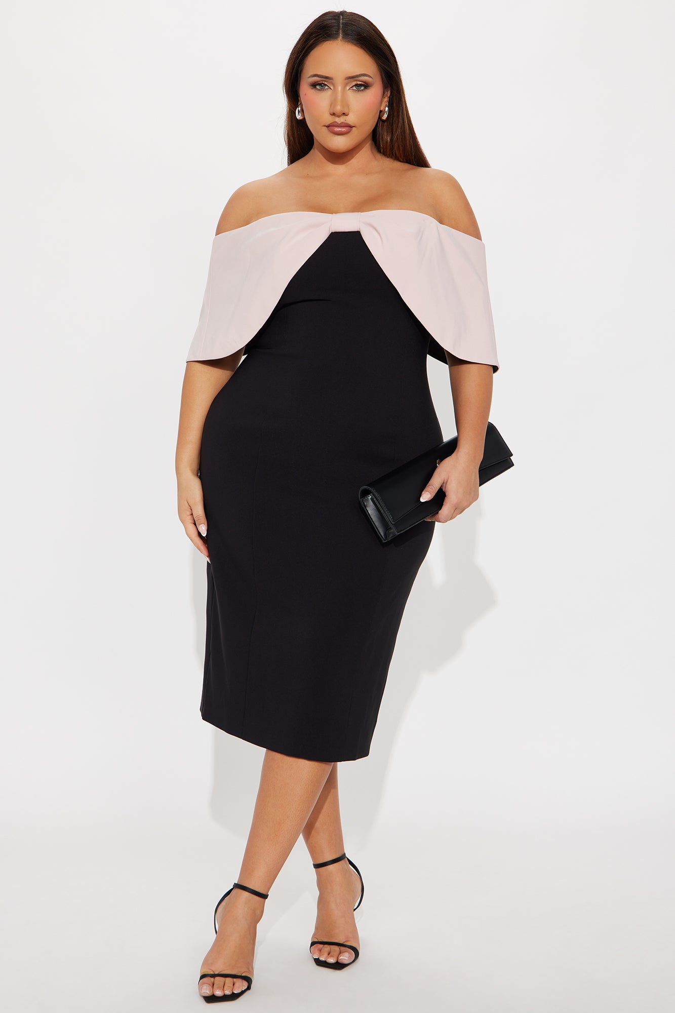 Minnie Off Shoulder Bow Midi Dress - Black/Pink