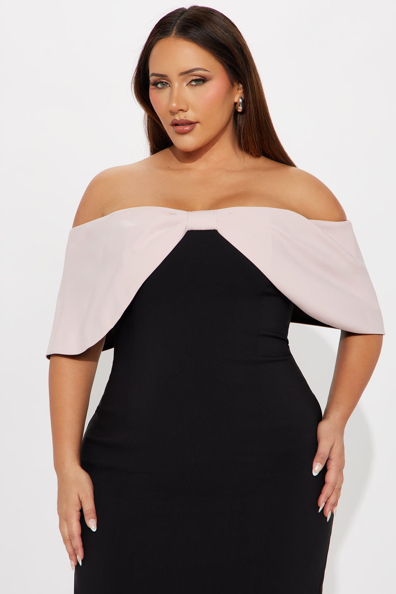 Minnie Off Shoulder Bow Midi Dress - Black/Pink
