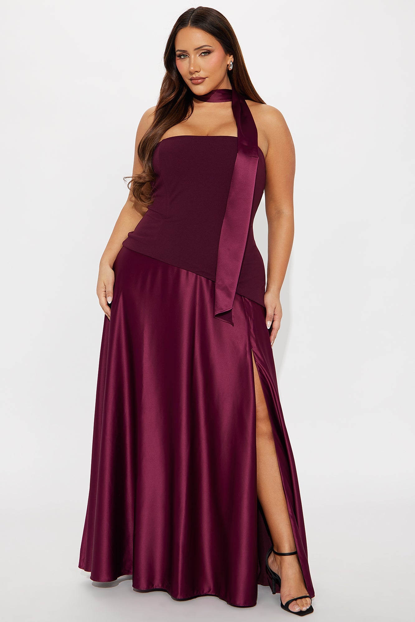 Marlene Scarf Satin Gown - Burgundy
