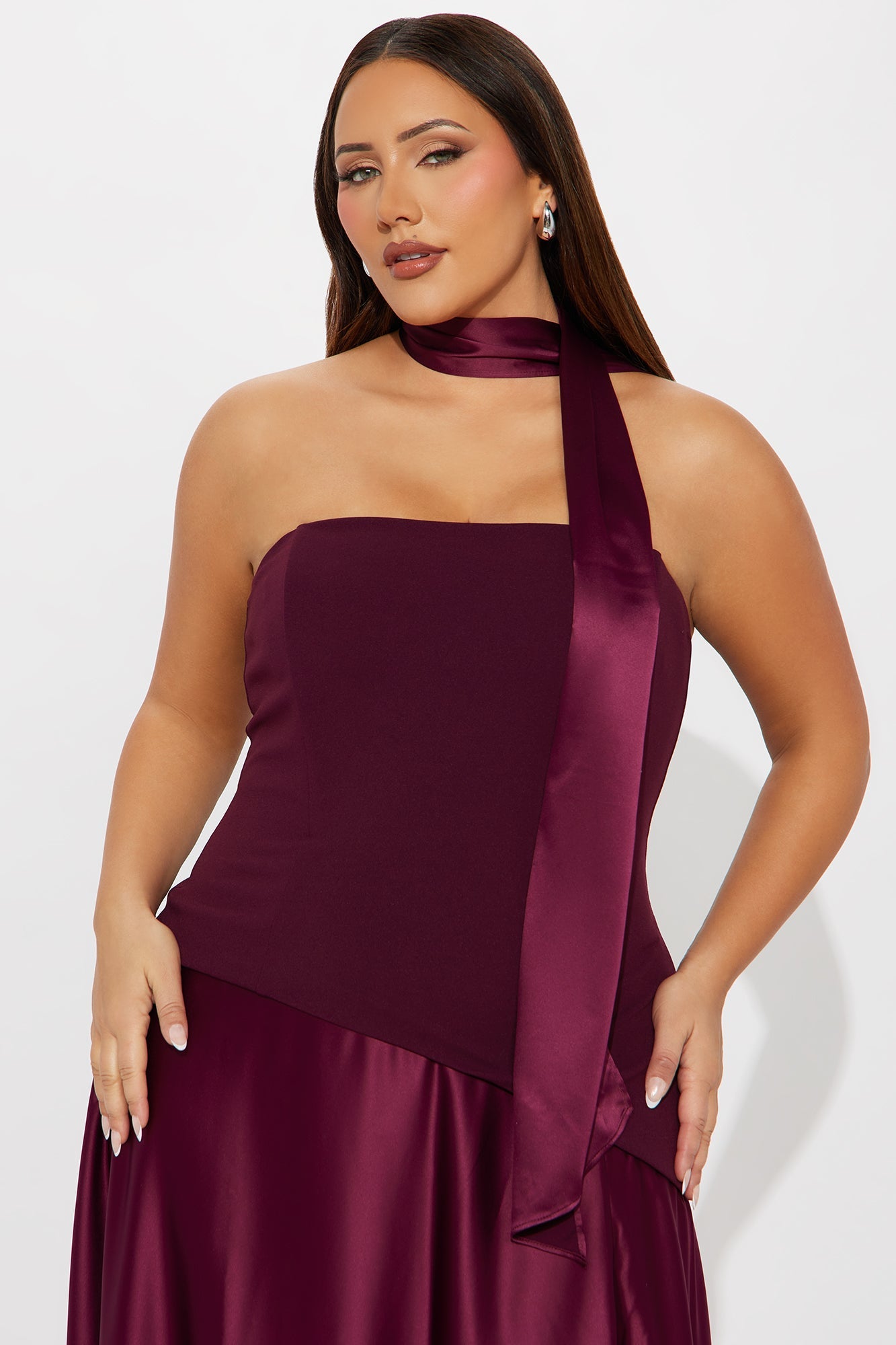 Marlene Scarf Satin Gown - Burgundy
