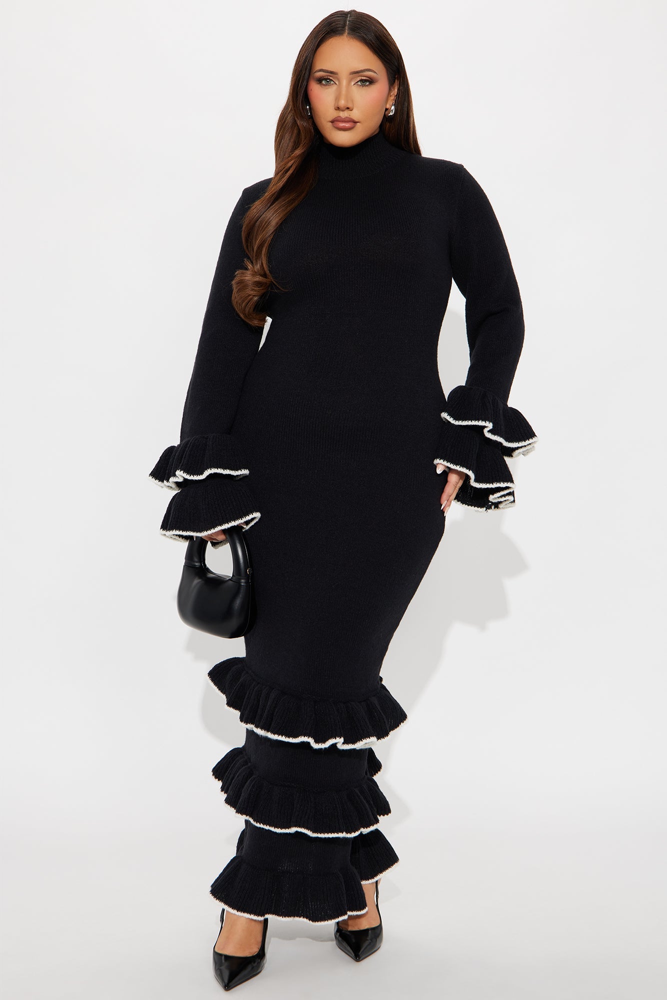 Rylee Ruffle Sweater Maxi Dress - Black/White