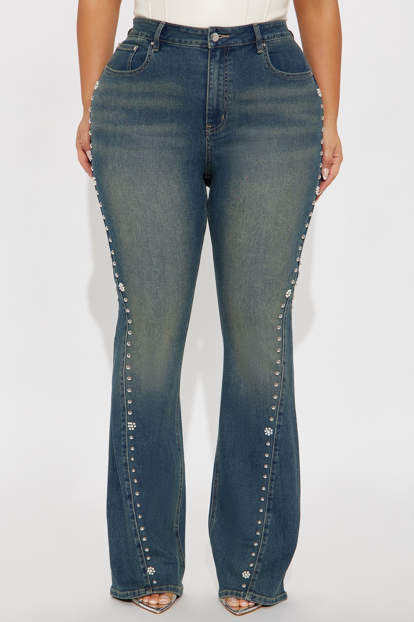 Wildflower Sparks Studded Flare Jeans - Vintage Wash