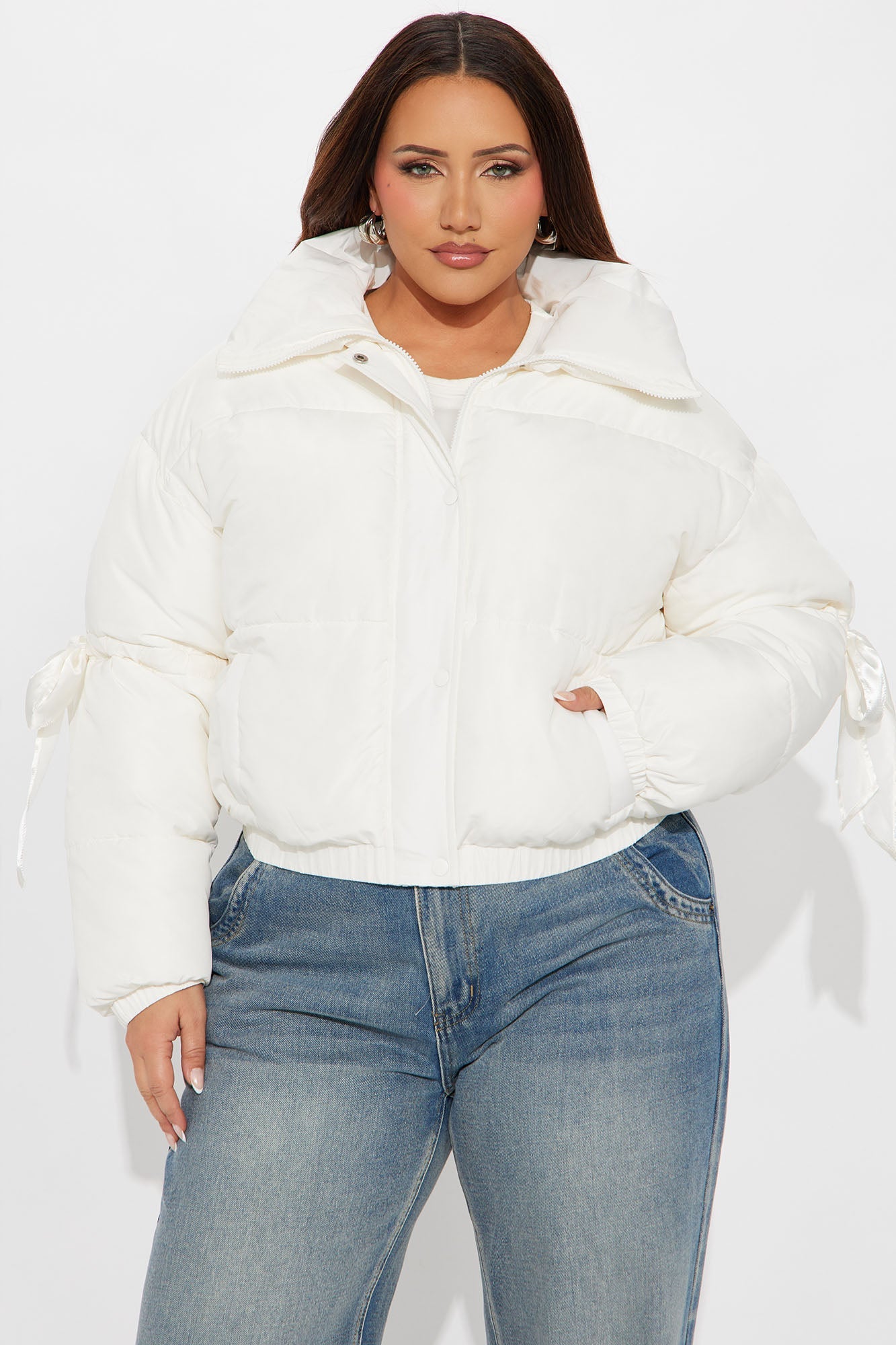 Coquette Touch Bow Puffer Jacket - Ivory
