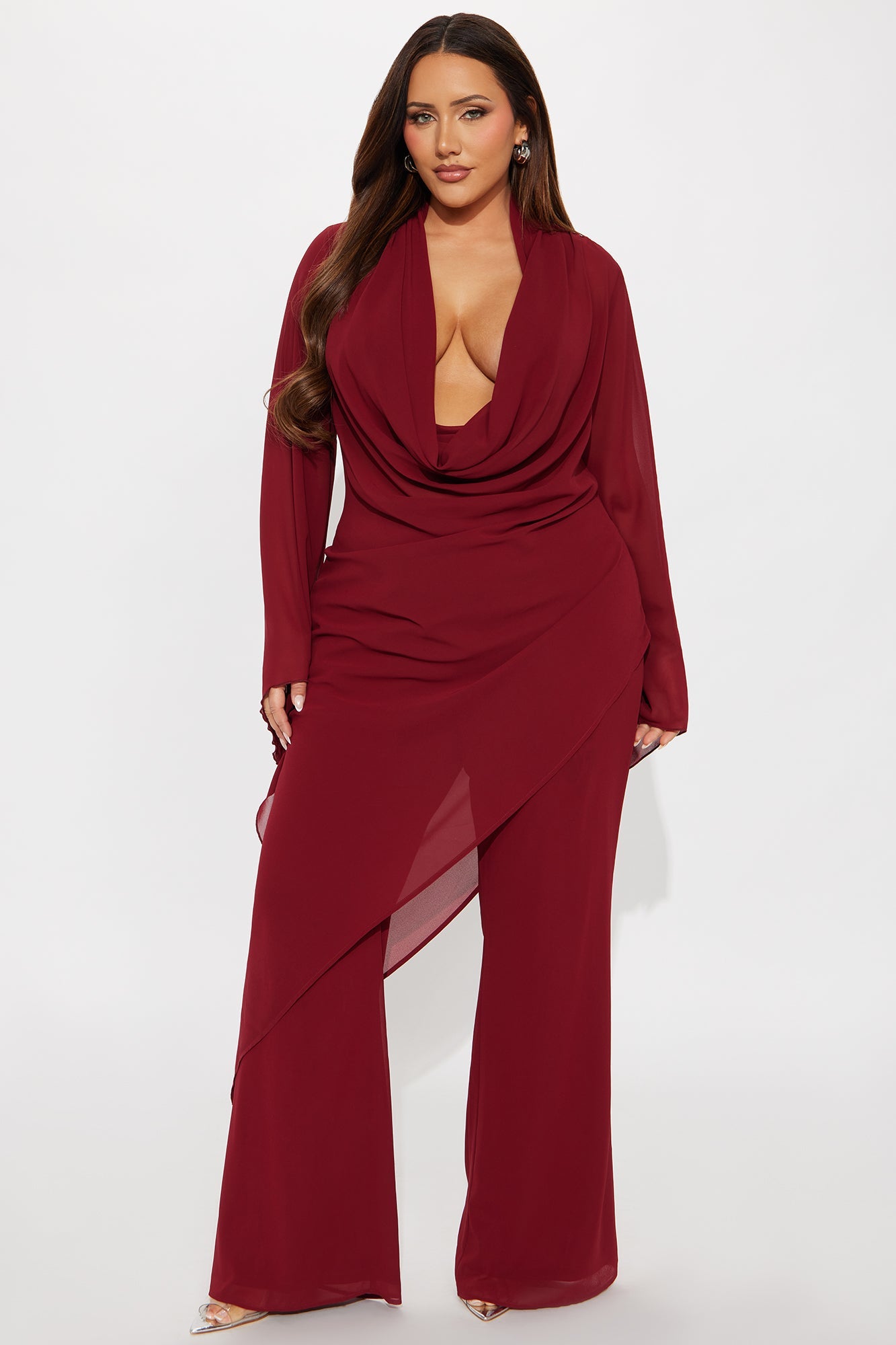 Carmen Asymmetrical Blouse Pant Set - Burgundy