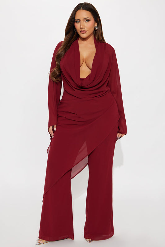 Carmen Asymmetrical Blouse Pant Set - Burgundy