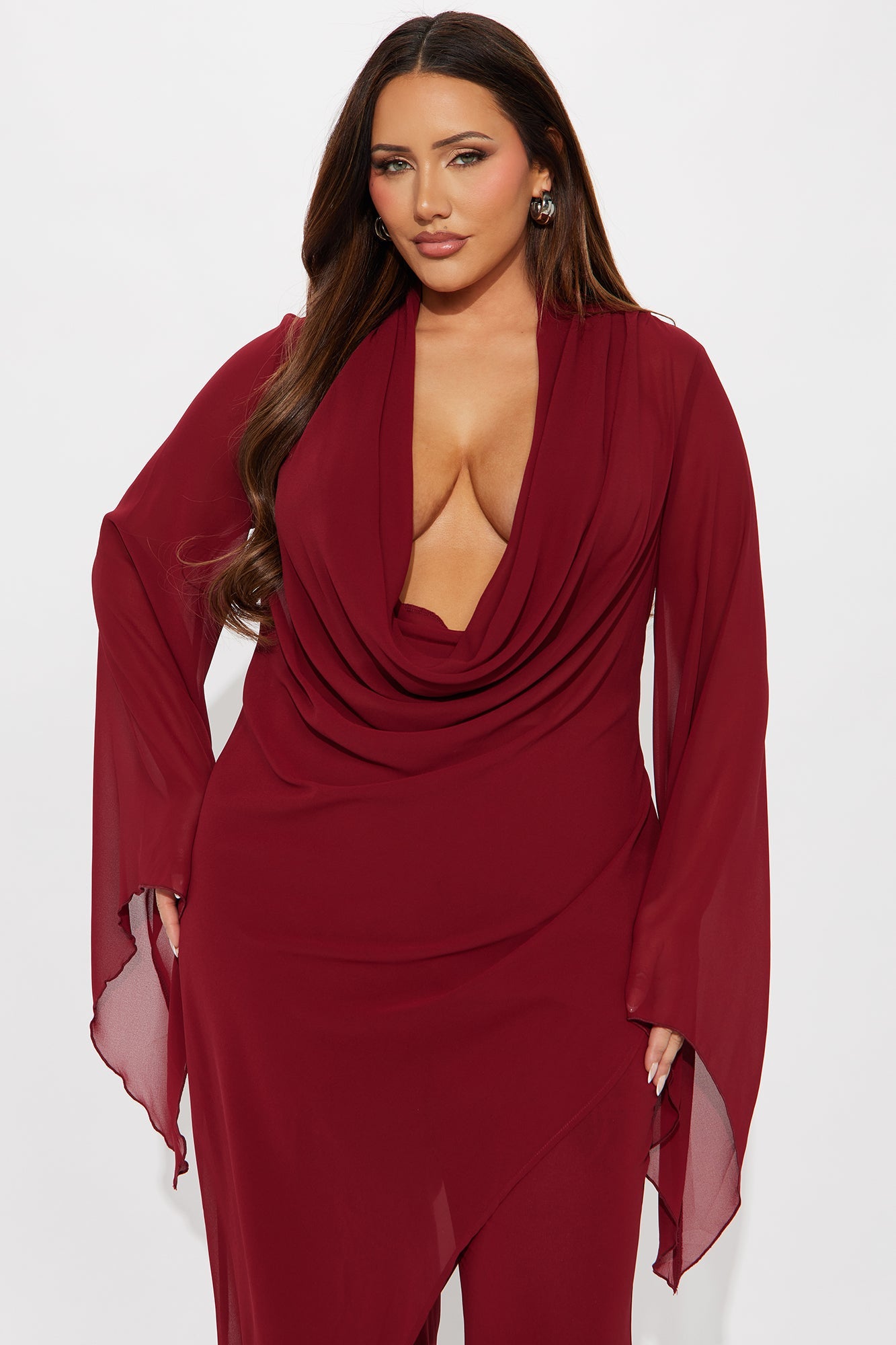 Carmen Asymmetrical Blouse Pant Set - Burgundy