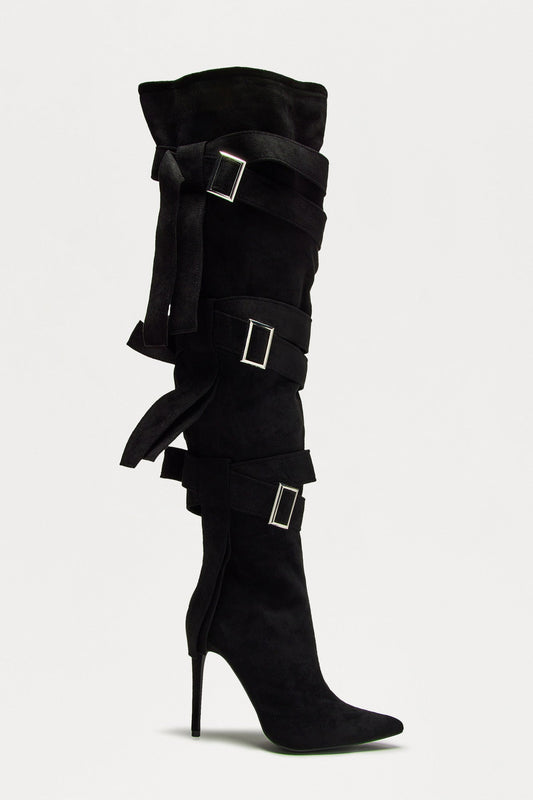 Bruin Buckle Thigh High Boots - Black